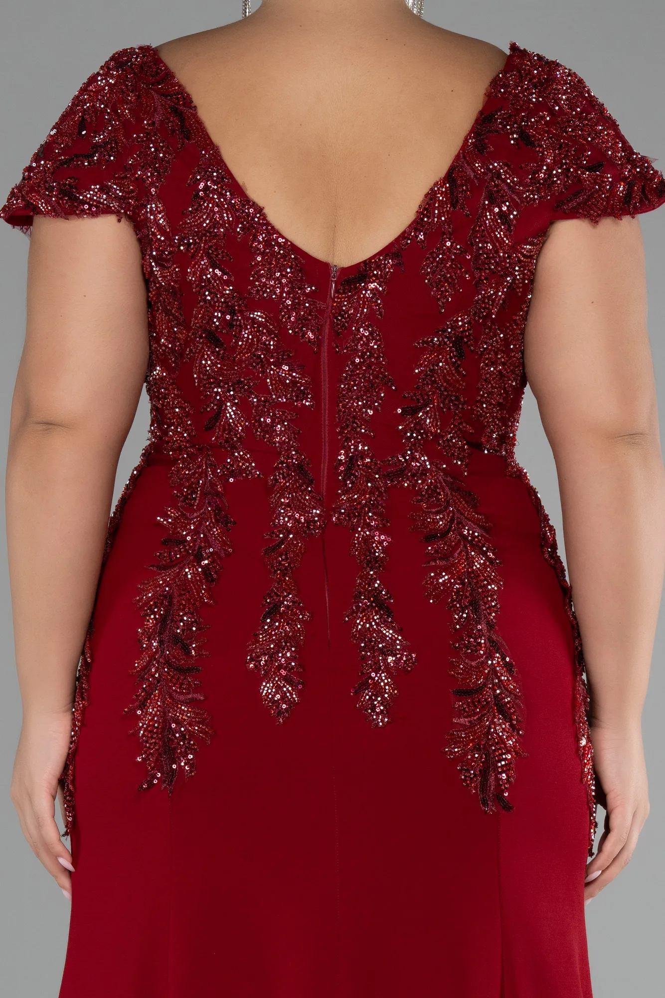 Burgundy-Short Sleeve Embroidered Long Plus Size Evening Gown ABU4191