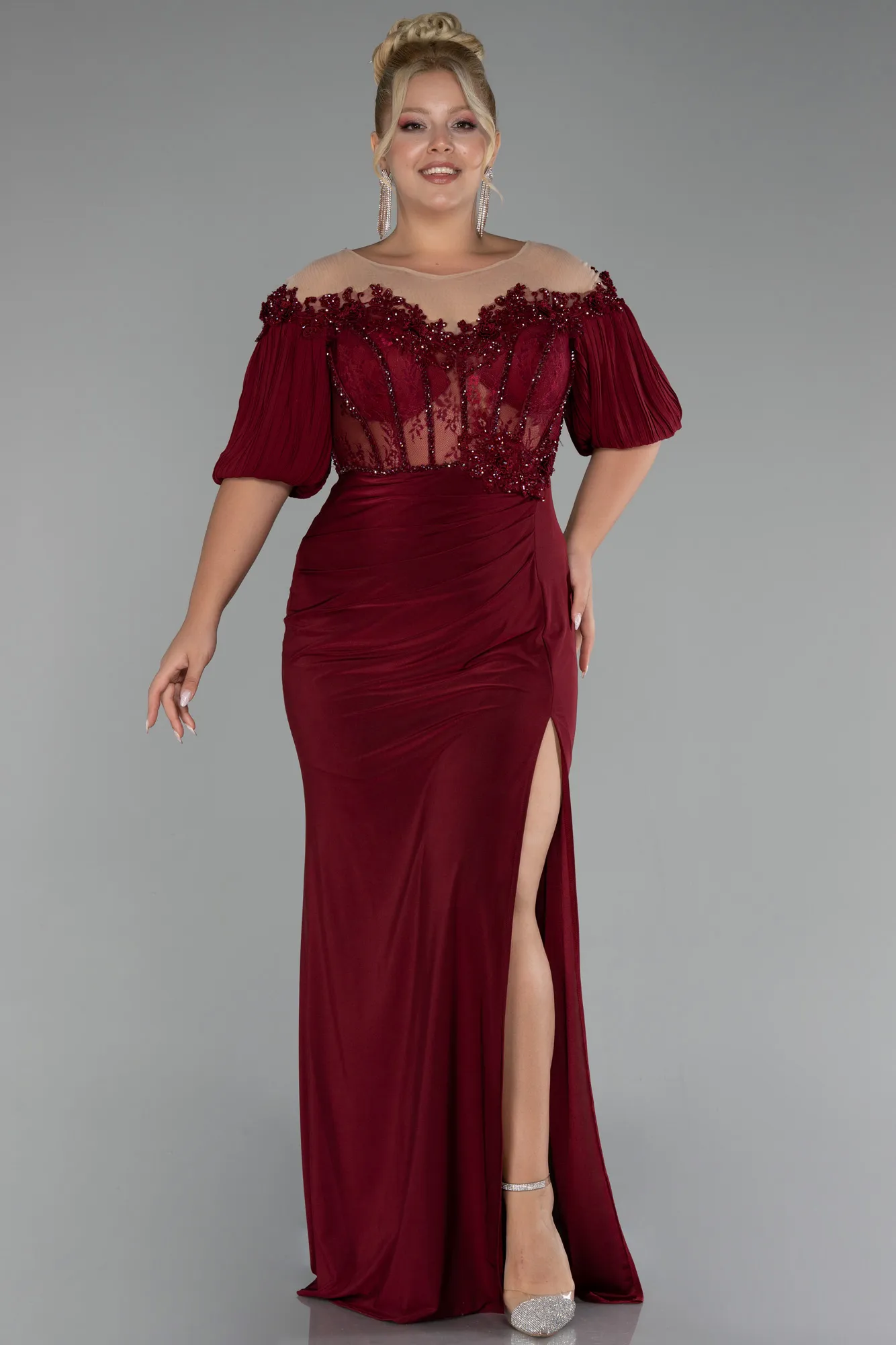 Burgundy-Short Sleeve Embroidered Slit Long Plus Size Evening Gown ABU4100