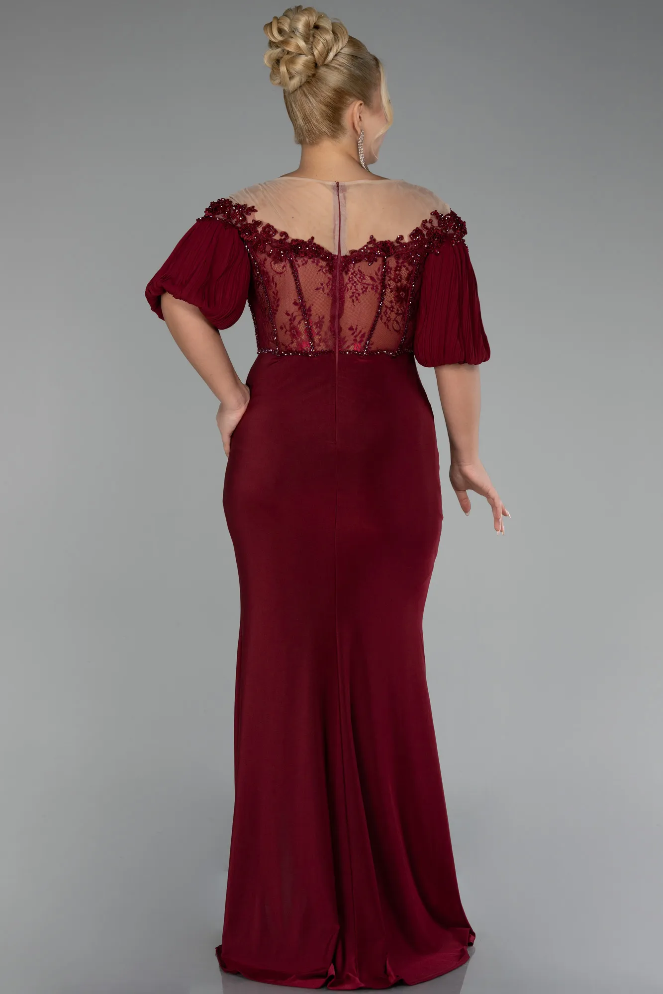 Burgundy-Short Sleeve Embroidered Slit Long Plus Size Evening Gown ABU4100