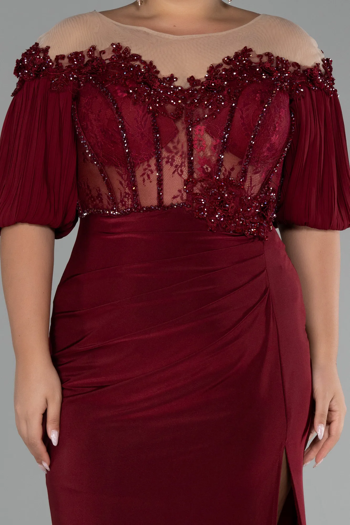 Burgundy-Short Sleeve Embroidered Slit Long Plus Size Evening Gown ABU4100