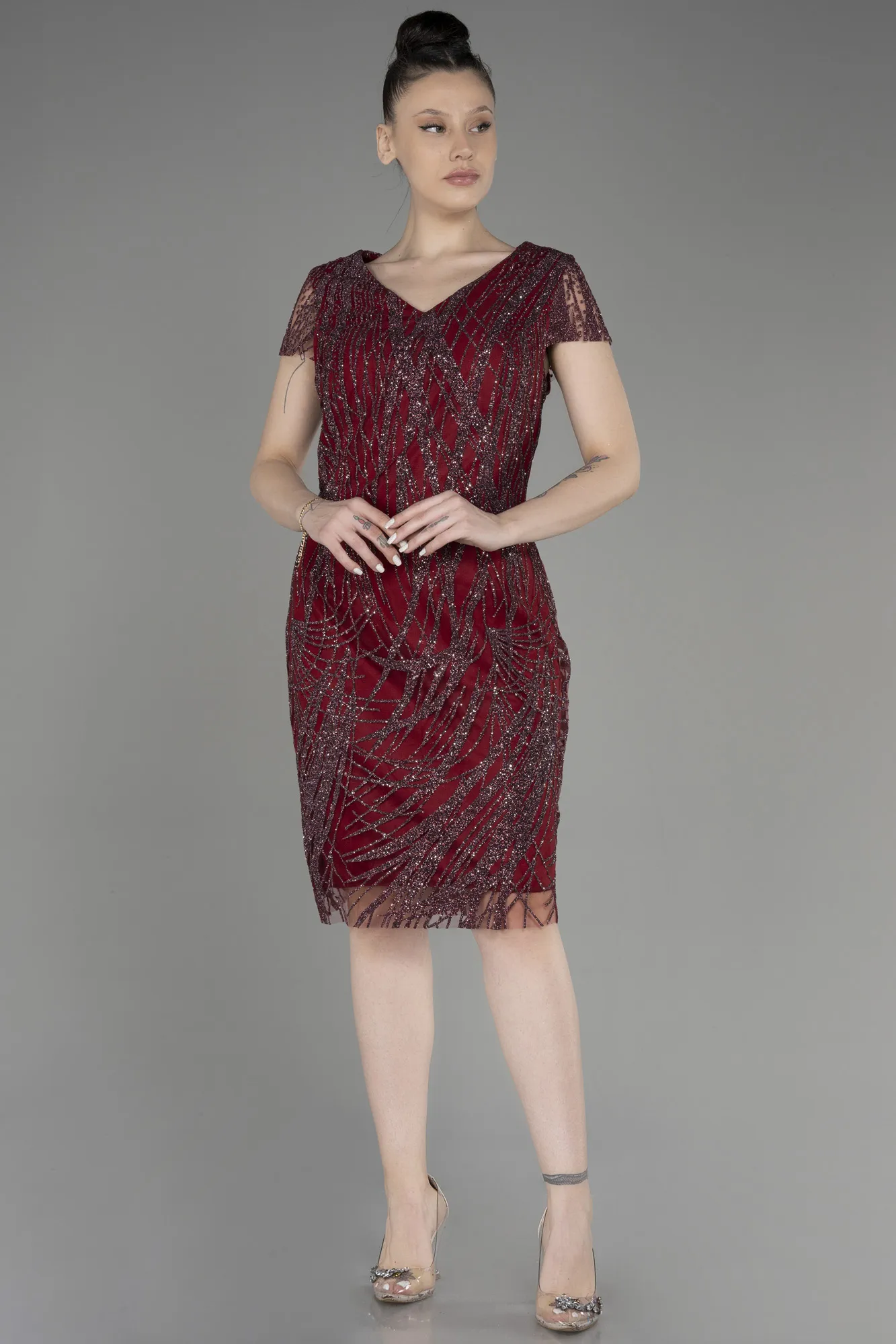 Burgundy-Short Sleeve Glittery Plus Size Invitation Dress ABK2050