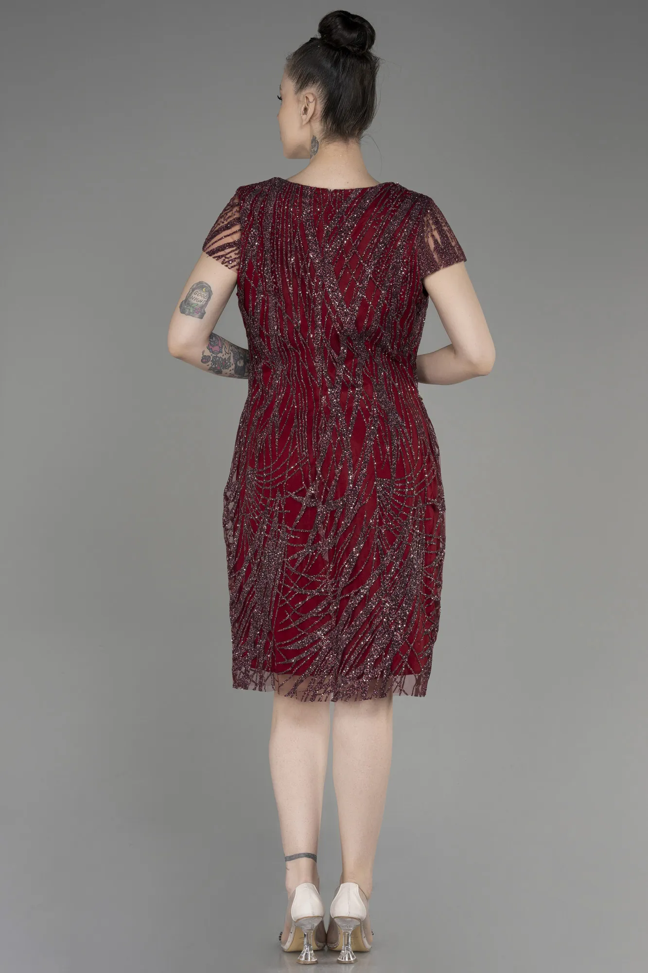 Burgundy-Short Sleeve Glittery Plus Size Invitation Dress ABK2050