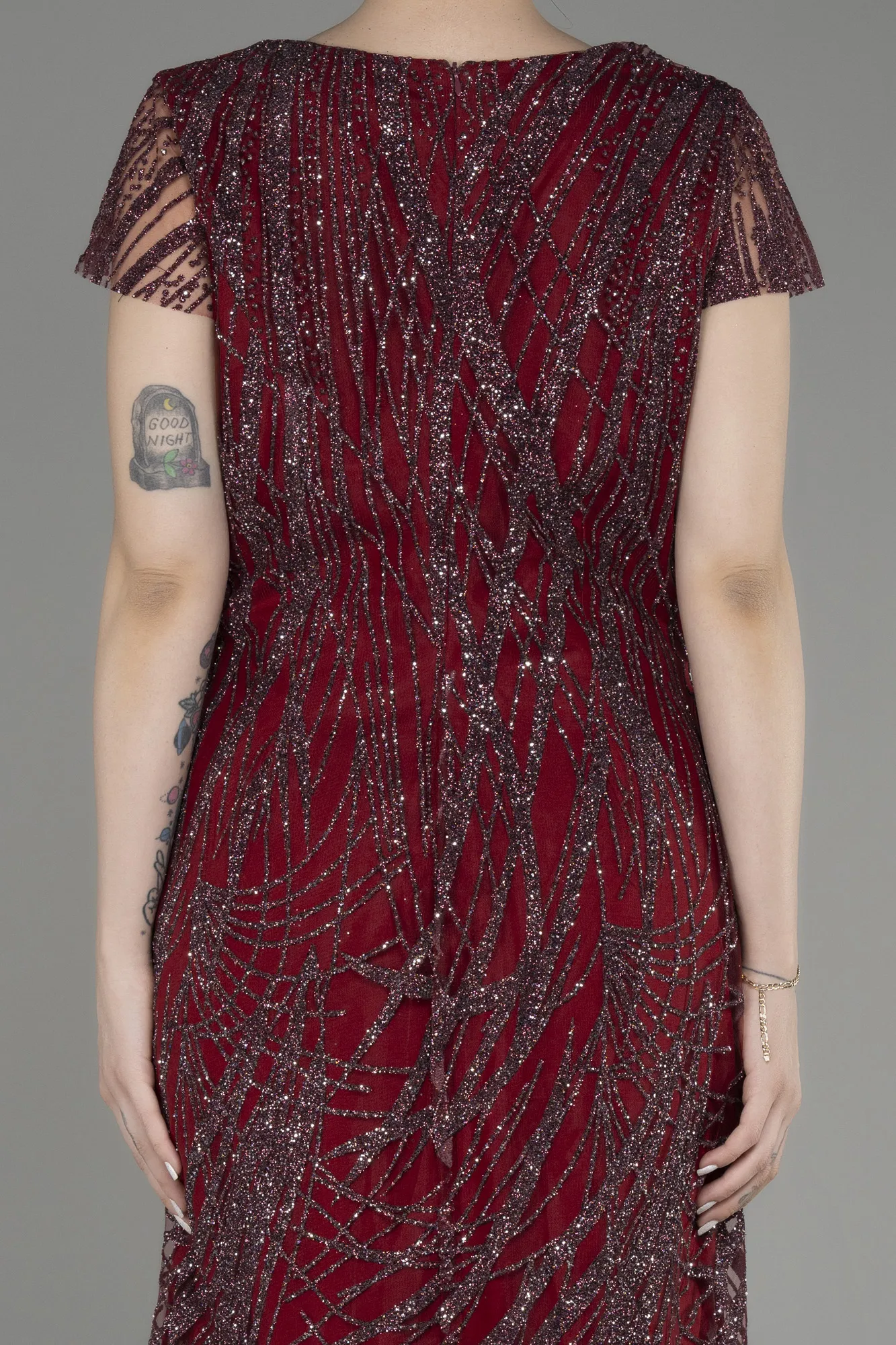 Burgundy-Short Sleeve Glittery Plus Size Invitation Dress ABK2050