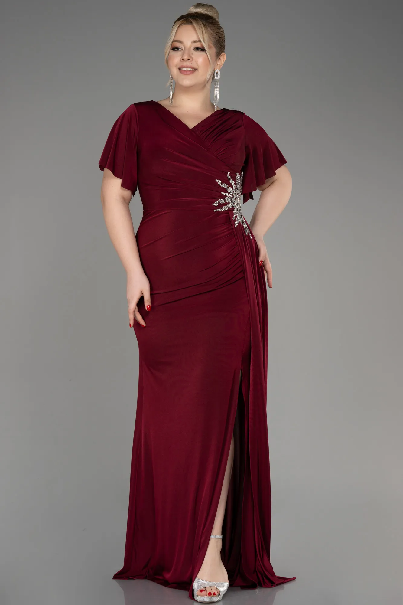 Burgundy-Short Sleeve Long Plus Size Evening Dress ABU3918