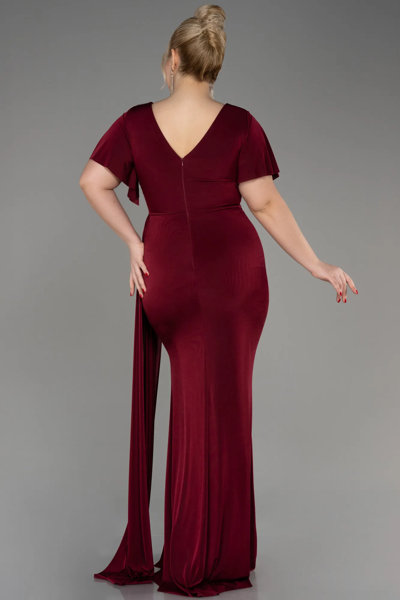 Burgundy-Short Sleeve Long Plus Size Evening Dress ABU3918