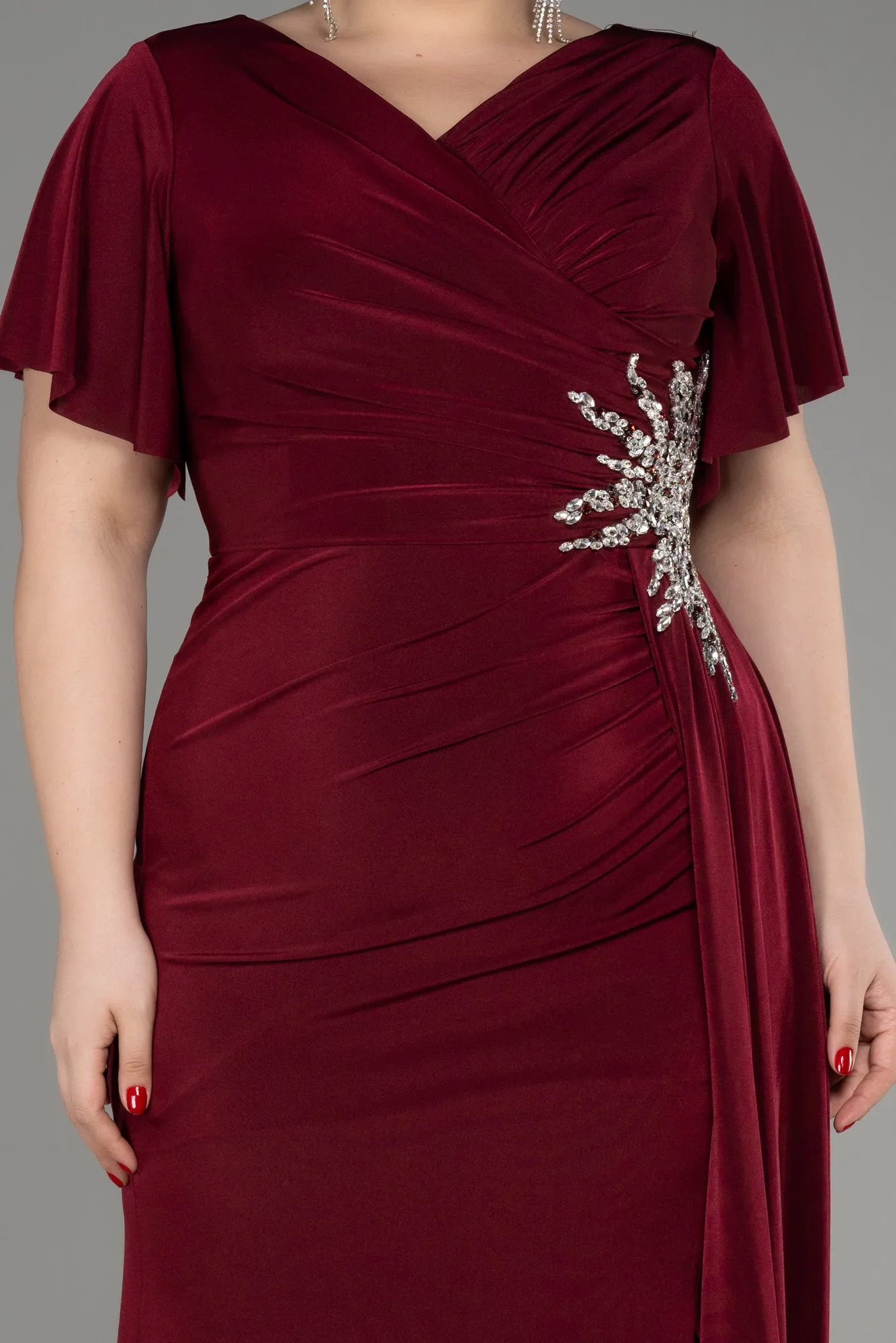 Burgundy-Short Sleeve Long Plus Size Evening Dress ABU3918