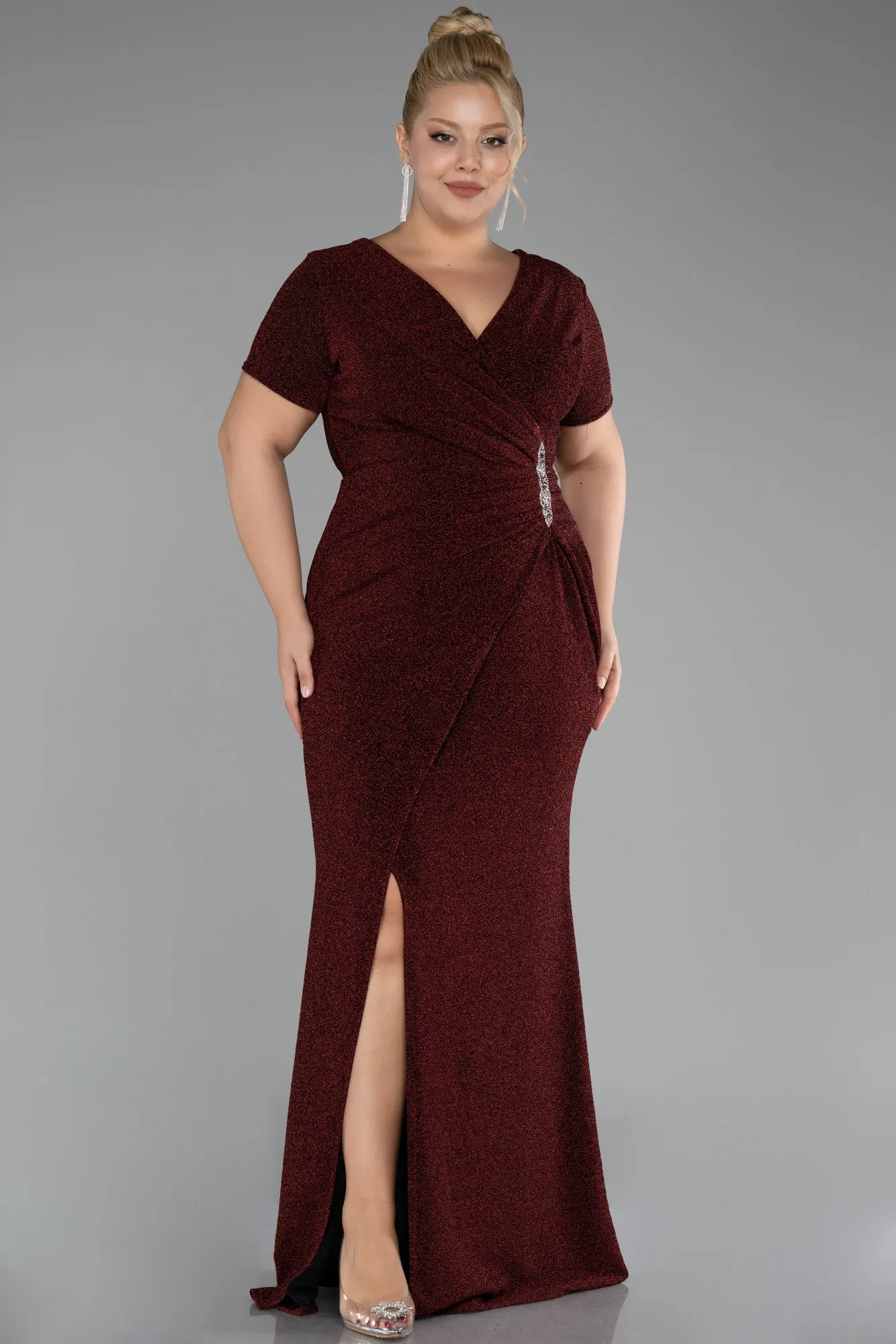 Burgundy-Short Sleeve Long Silvery Plus Size Evening Dress ABU4101