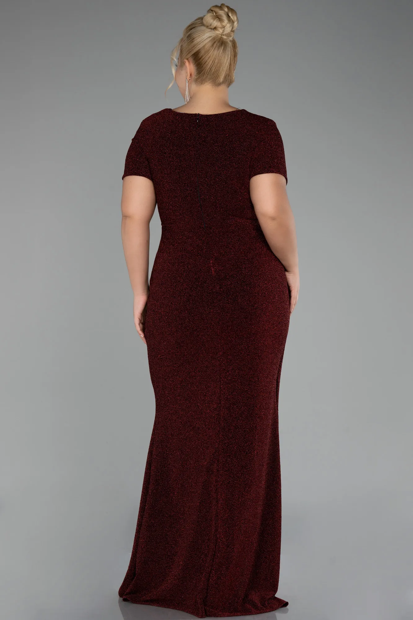 Burgundy-Short Sleeve Long Silvery Plus Size Evening Dress ABU4101