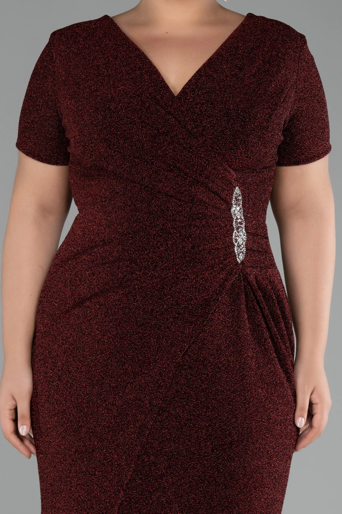 Burgundy-Short Sleeve Long Silvery Plus Size Evening Dress ABU4101