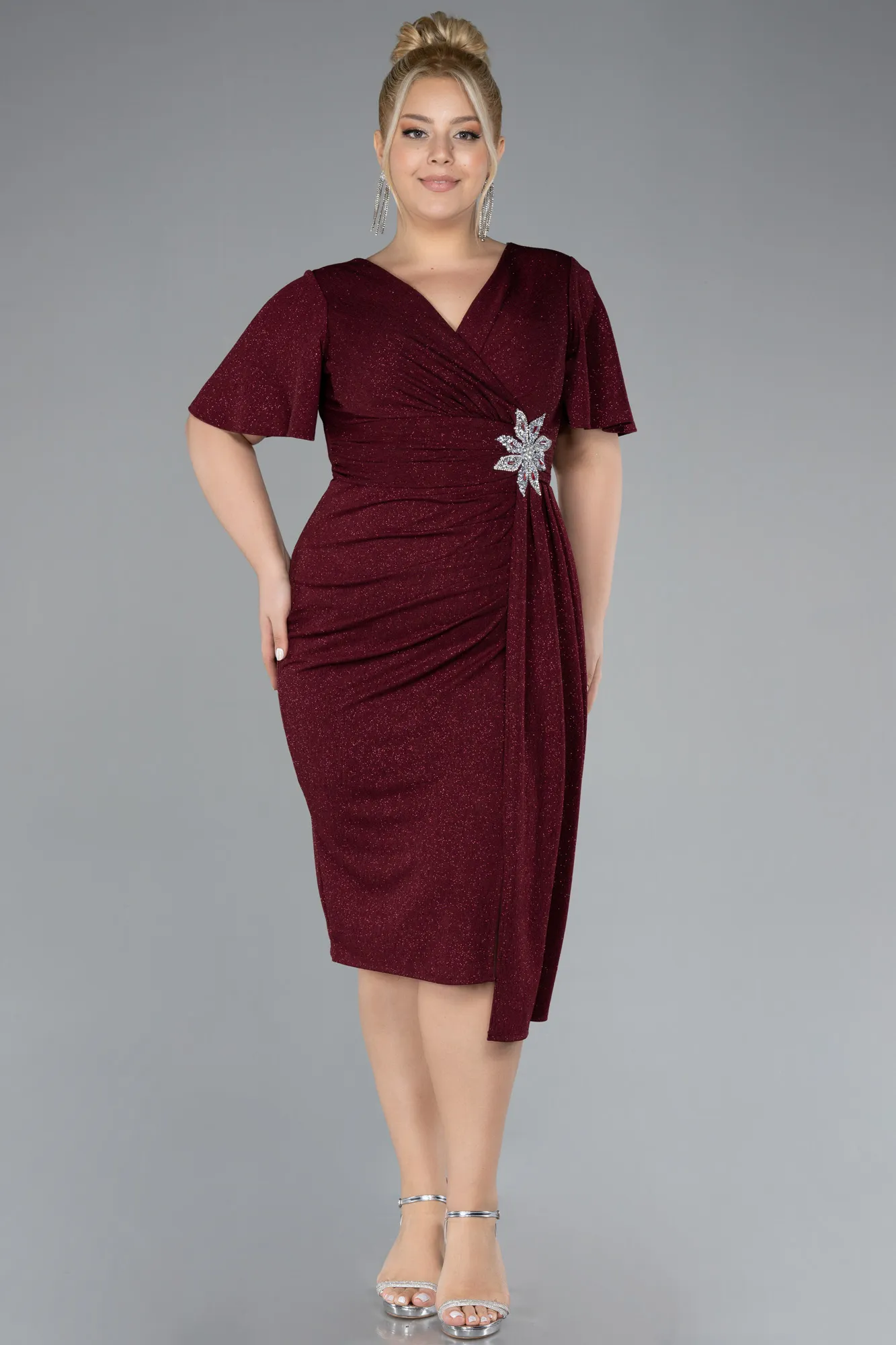 Burgundy-Short Sleeve Midi Glittery Plus Size Cocktail Dress ABK2146