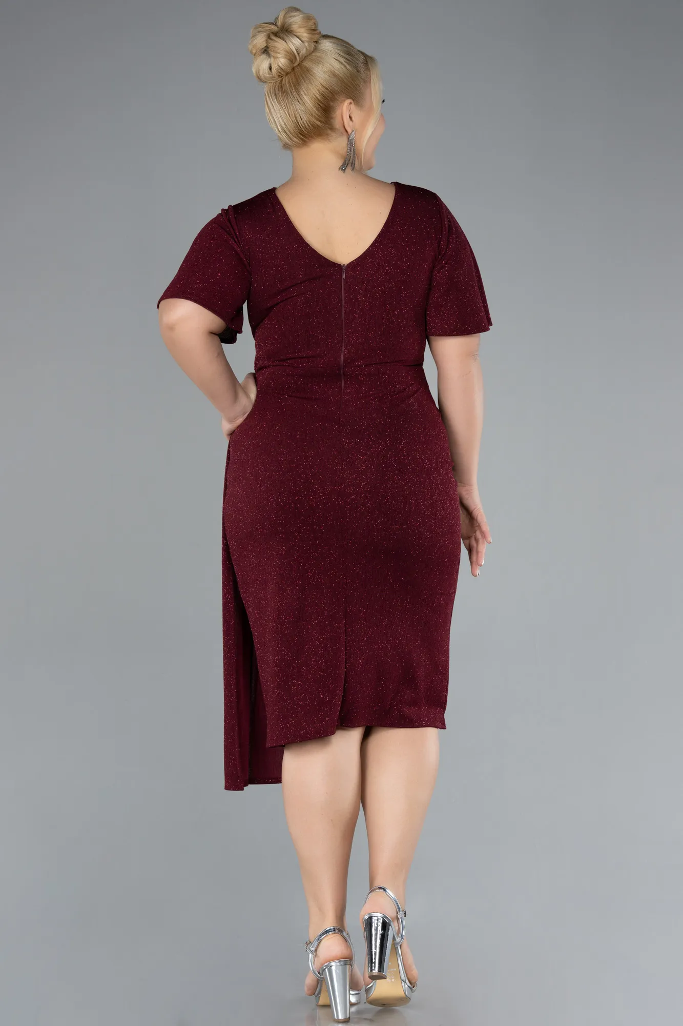 Burgundy-Short Sleeve Midi Glittery Plus Size Cocktail Dress ABK2146