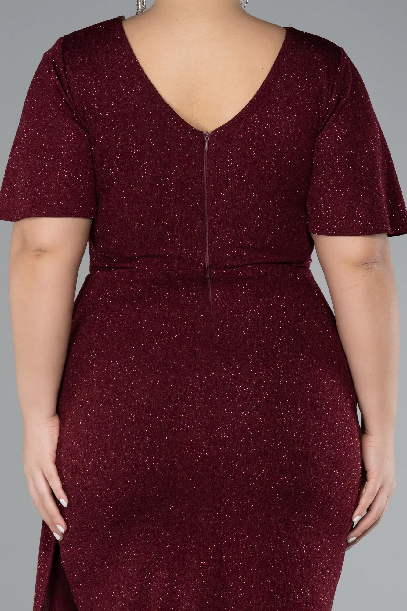 Burgundy-Short Sleeve Midi Glittery Plus Size Cocktail Dress ABK2146