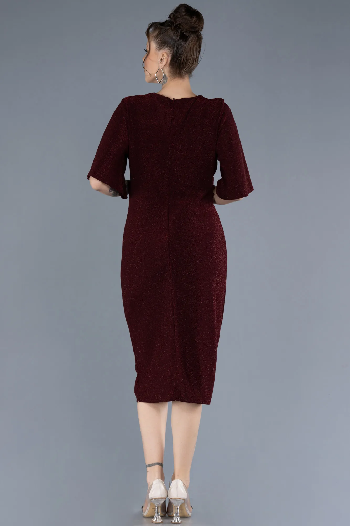 Burgundy-Short Sleeve Midi Glittery Plus Size Invitation Dress ABK2224