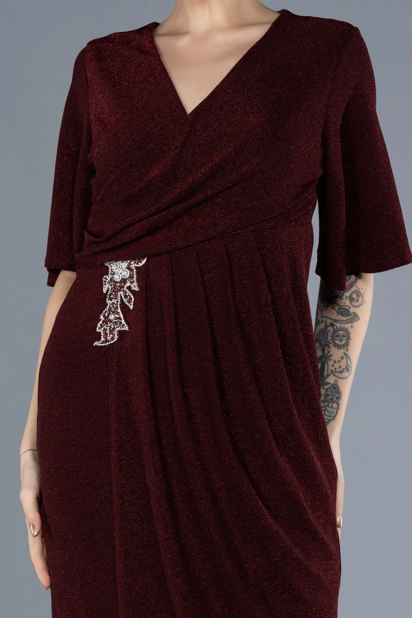 Burgundy-Short Sleeve Midi Glittery Plus Size Invitation Dress ABK2224