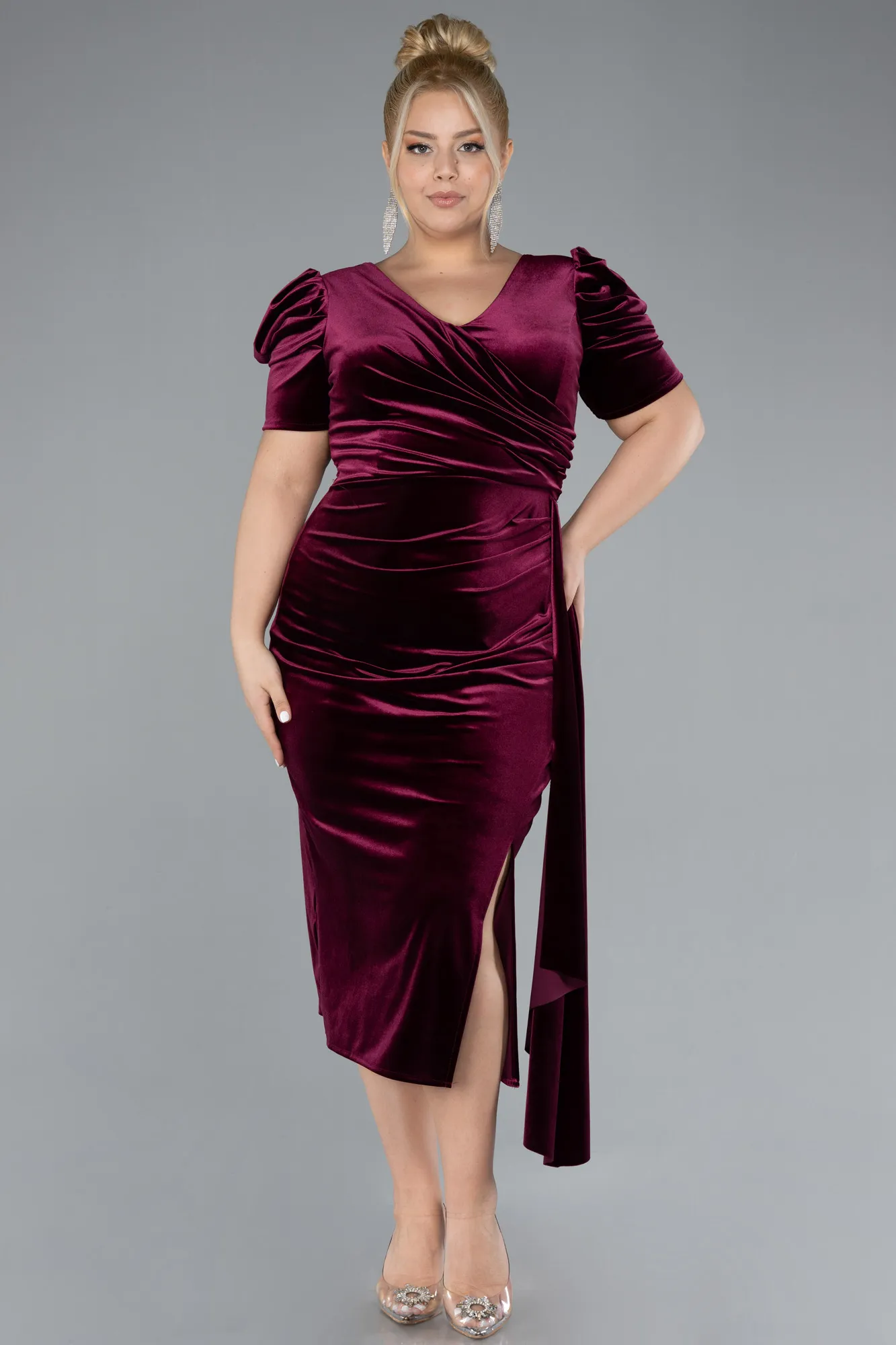 Burgundy-Short Sleeve Midi Velvet Invitation Dress ABK2163