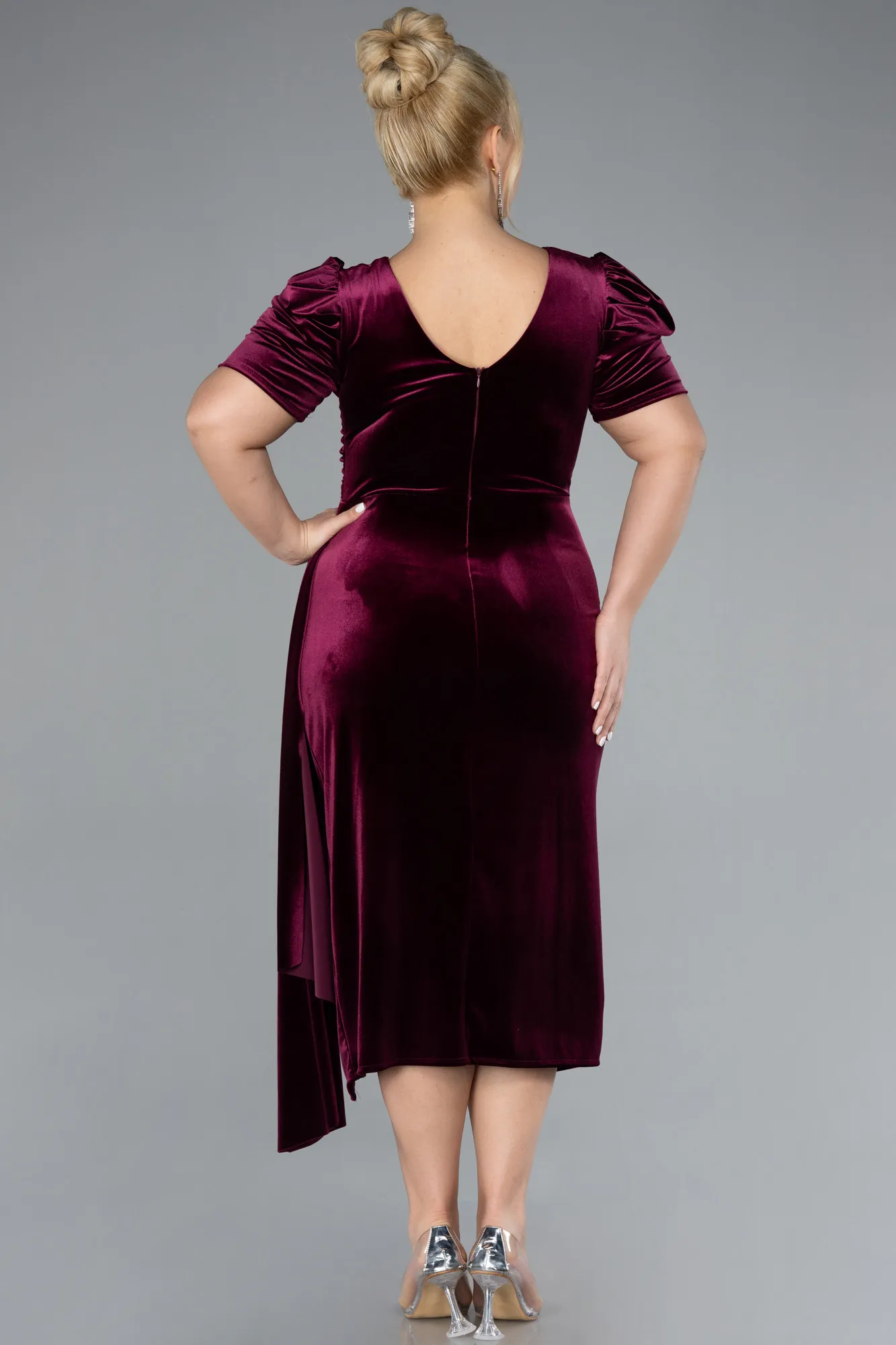 Burgundy-Short Sleeve Midi Velvet Invitation Dress ABK2163