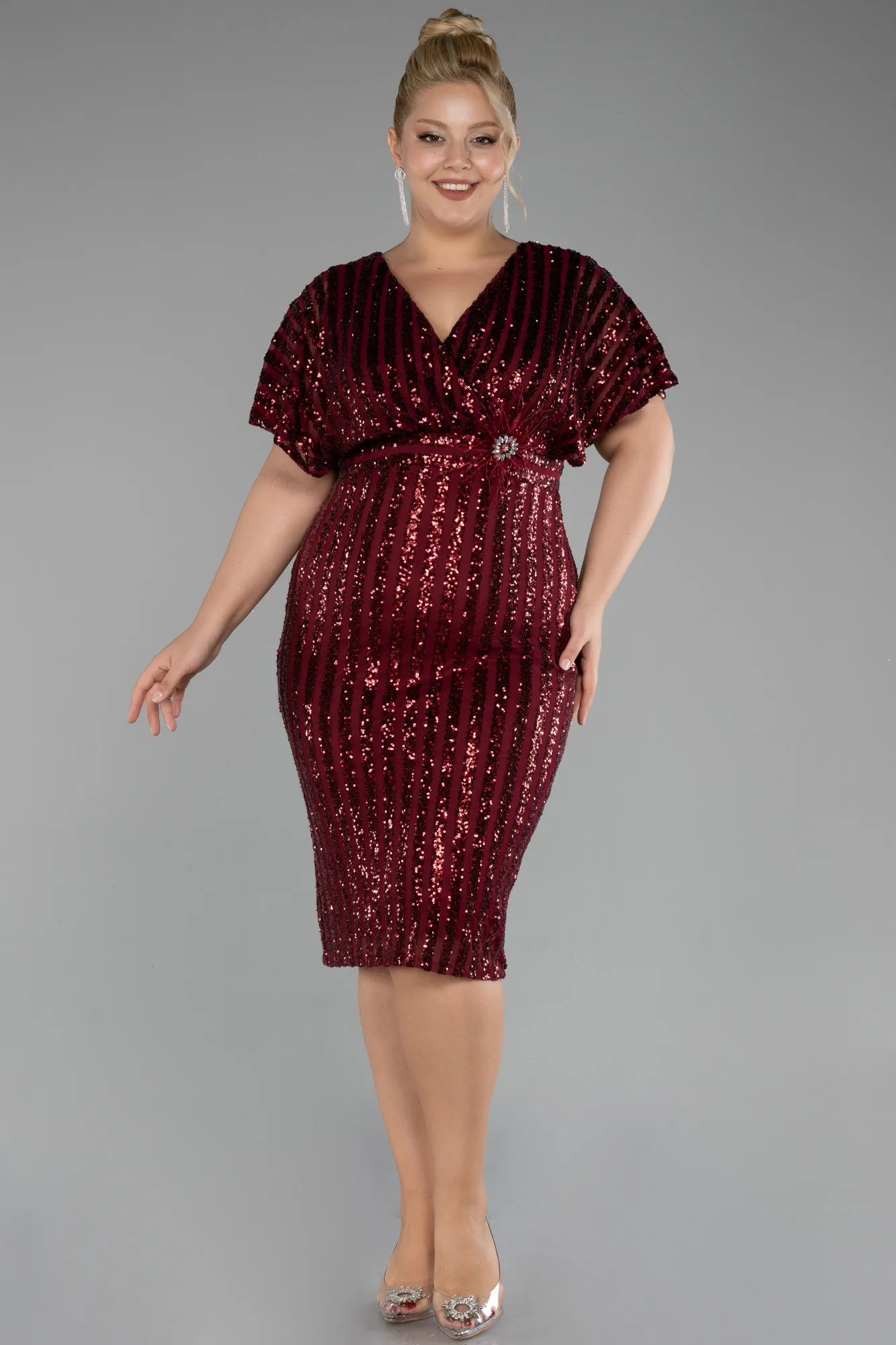 Burgundy-Short Sleeve Scaly Midi Plus Size Cocktail Dress ABK2104