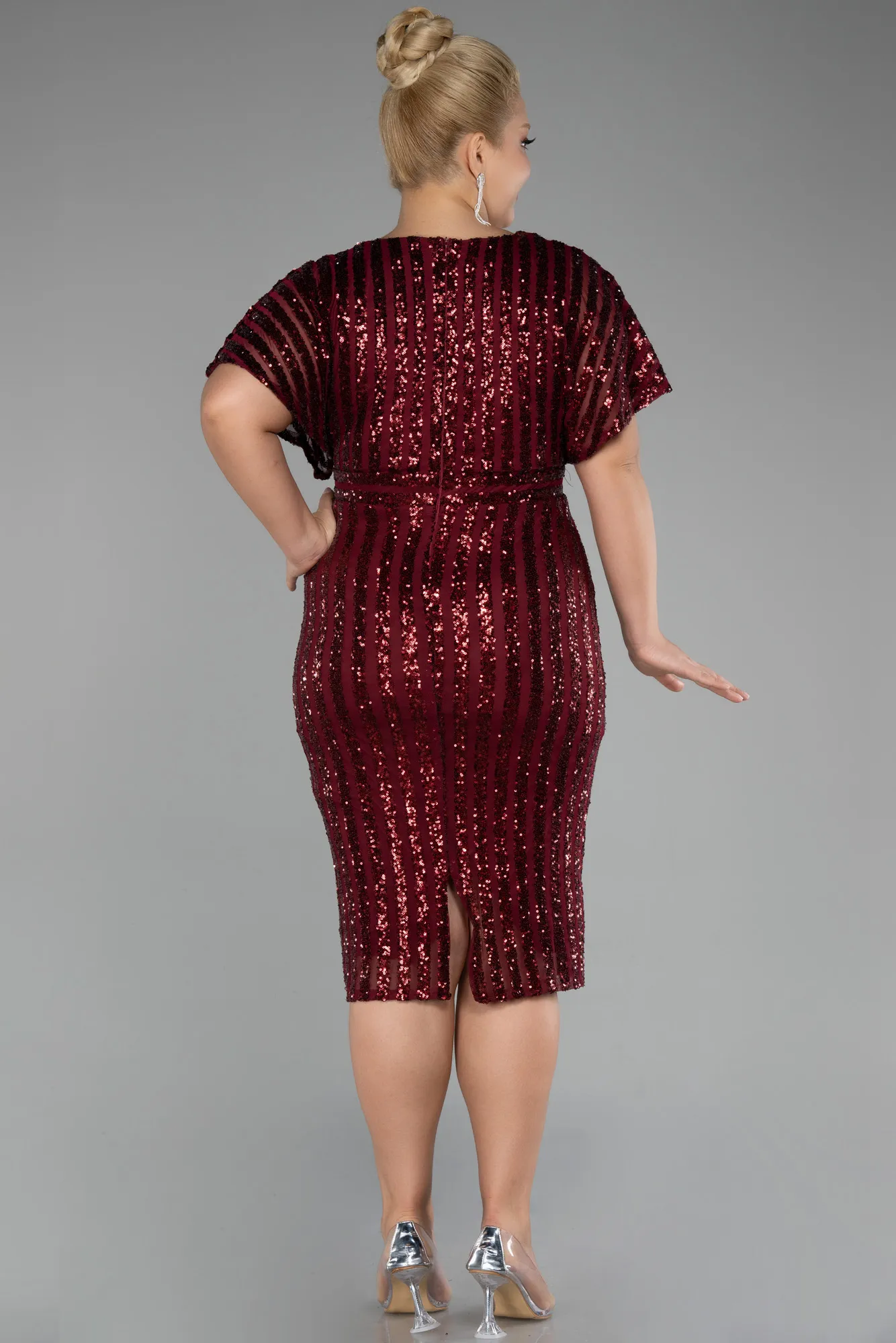 Burgundy-Short Sleeve Scaly Midi Plus Size Cocktail Dress ABK2104