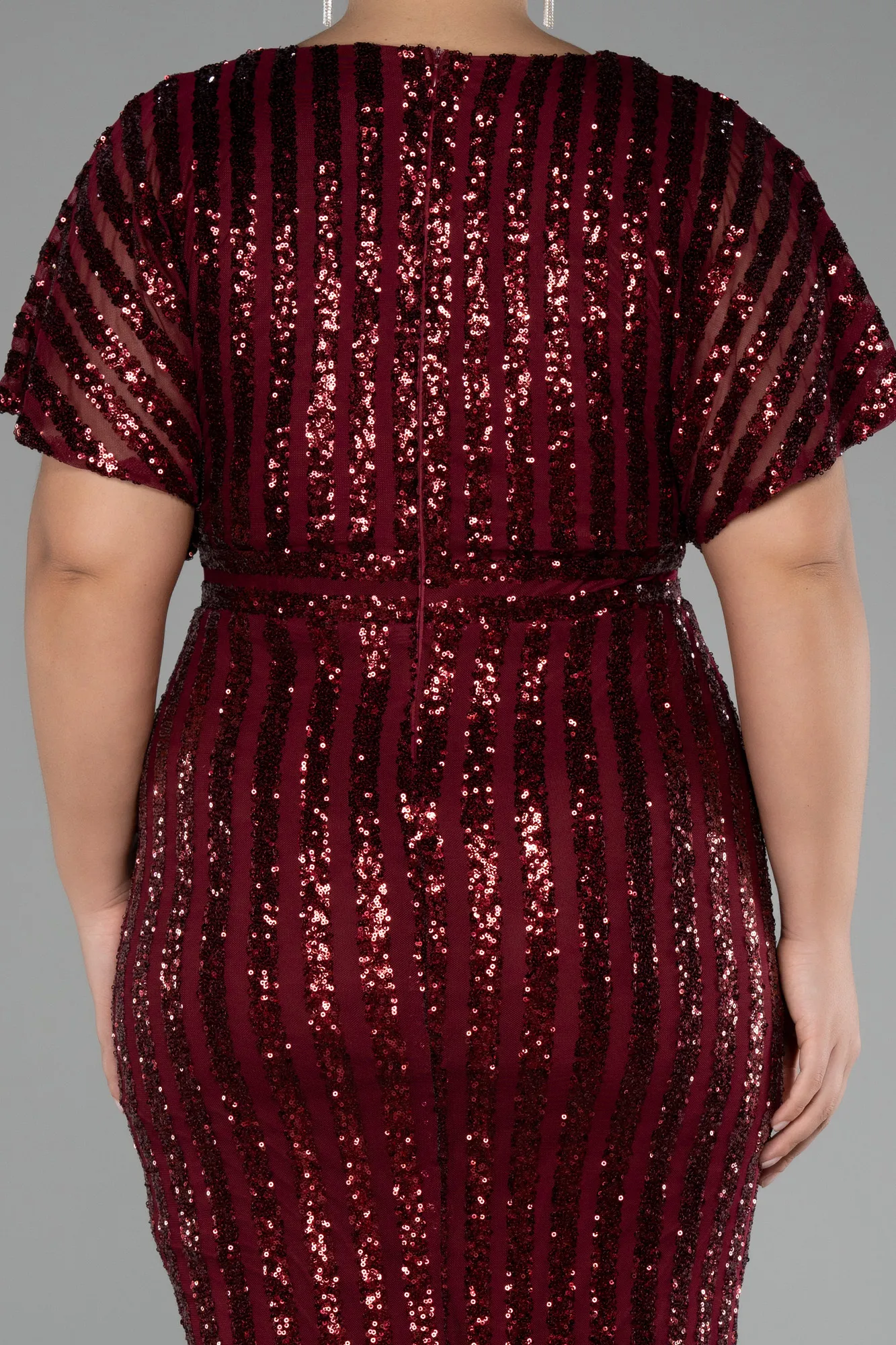 Burgundy-Short Sleeve Scaly Midi Plus Size Cocktail Dress ABK2104