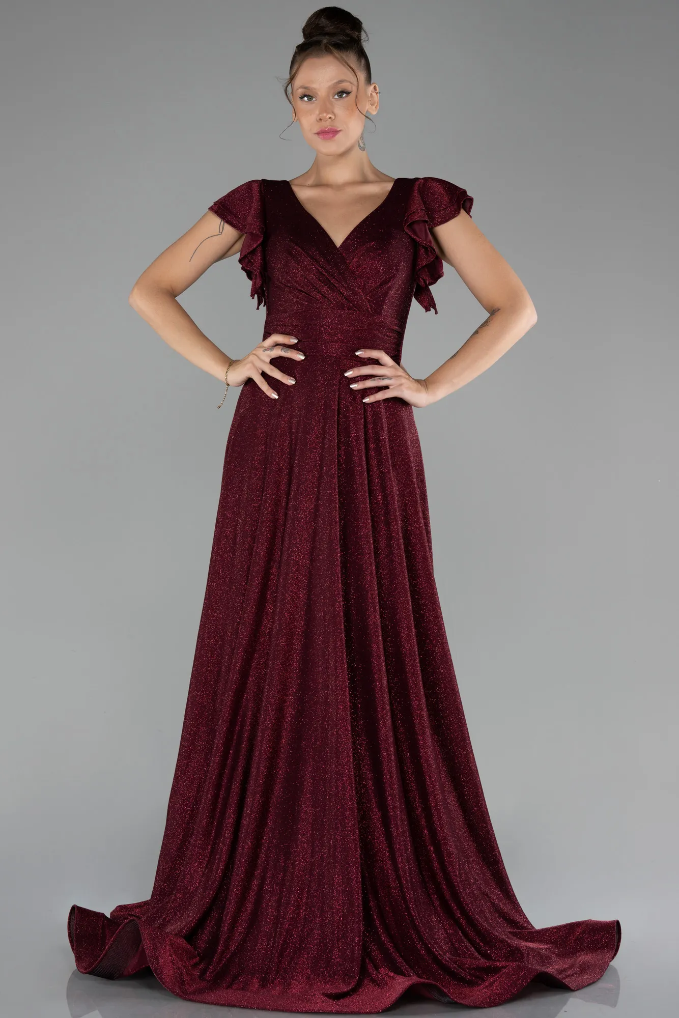 Burgundy-Short Sleeve Silvery Long Evening Dress ABU4301