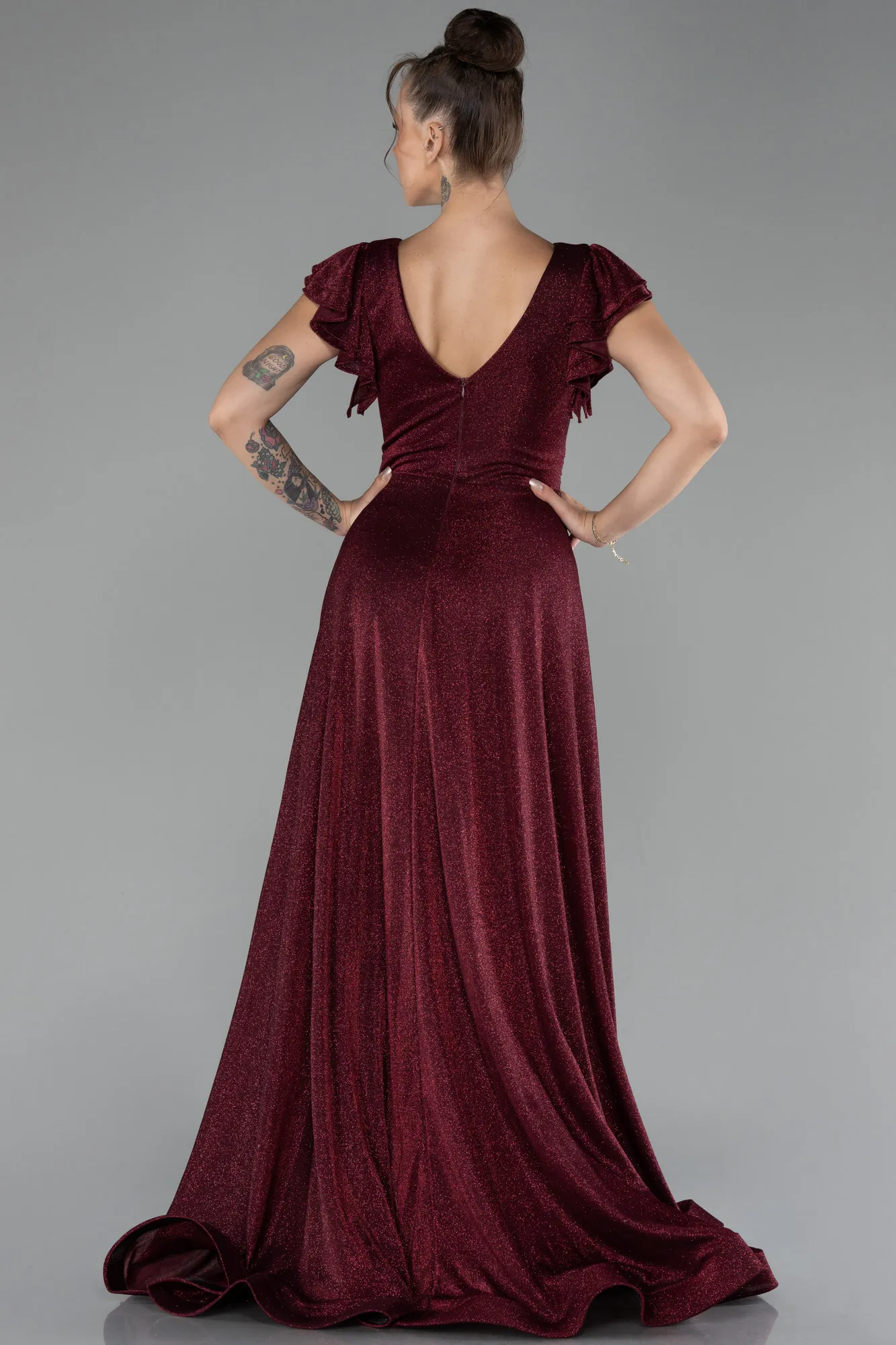 Burgundy-Short Sleeve Silvery Long Evening Dress ABU4301