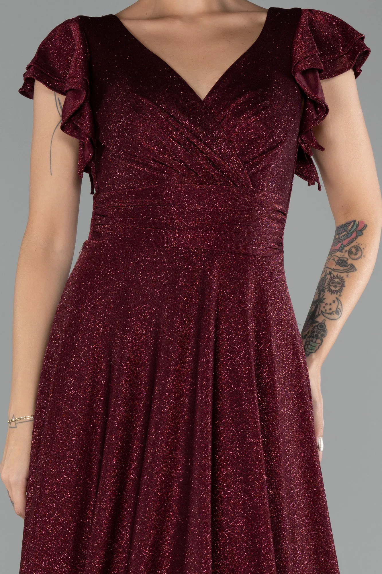 Burgundy-Short Sleeve Silvery Long Evening Dress ABU4301