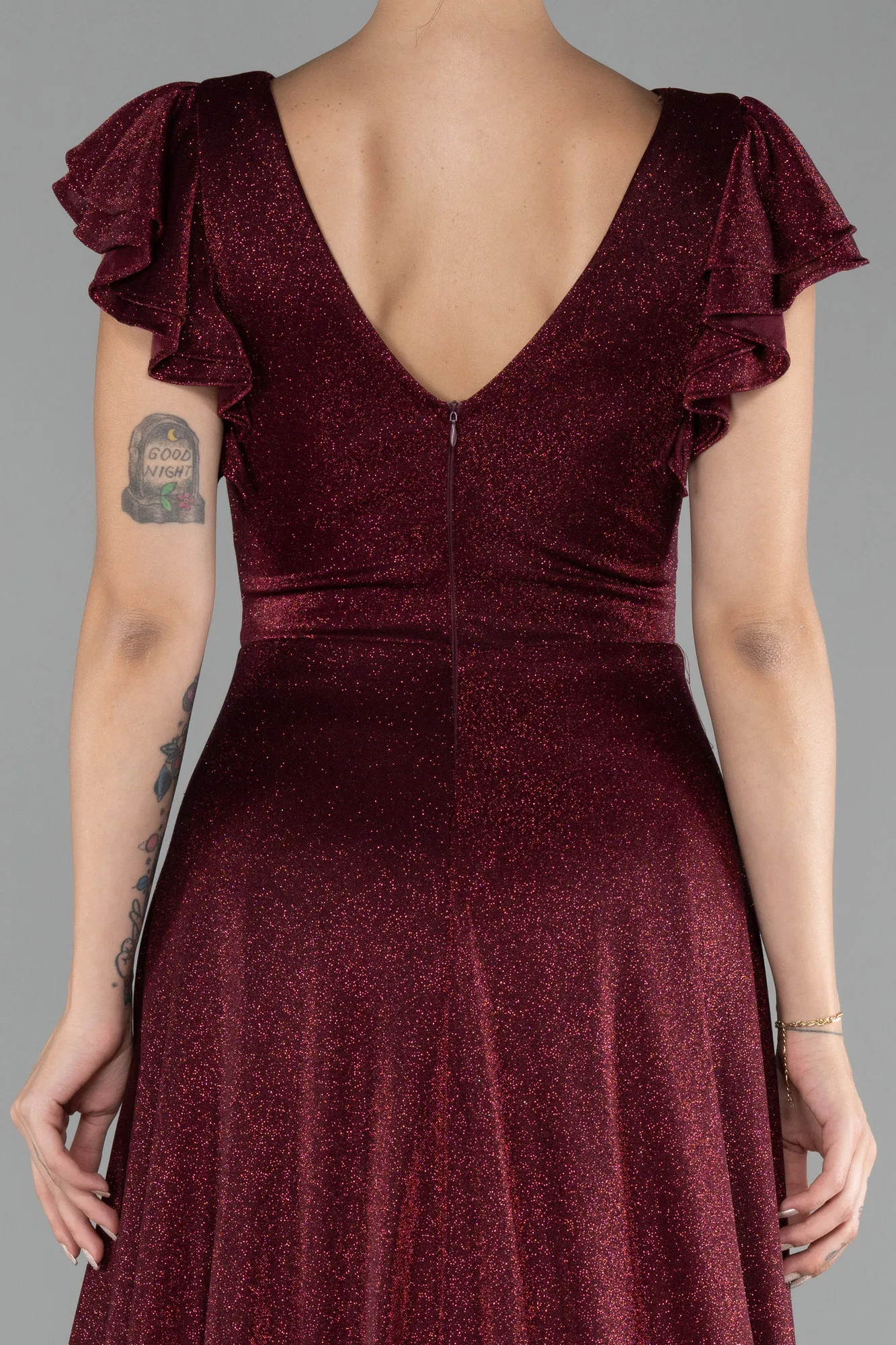 Burgundy-Short Sleeve Silvery Long Evening Dress ABU4301