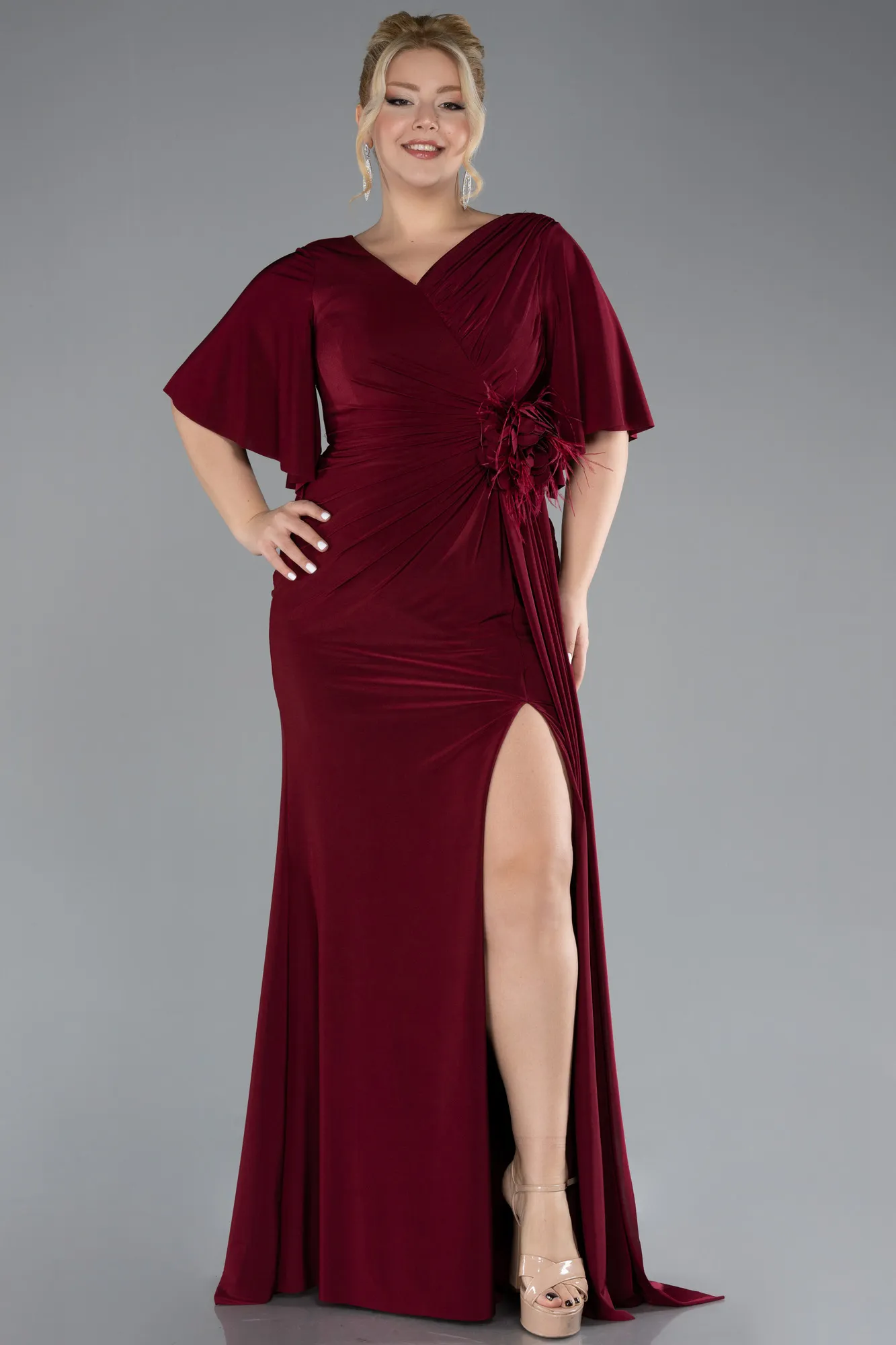 Burgundy-Short Sleeve Slit Plus Size Evening Gown ABU4391