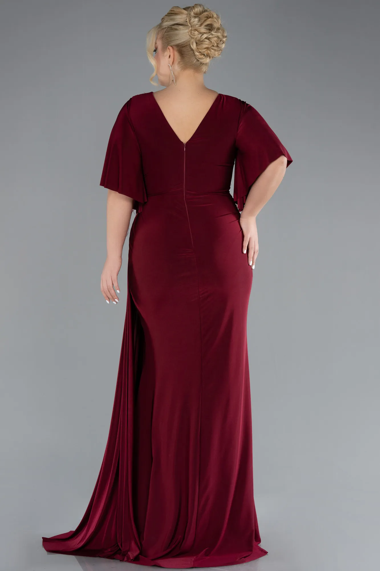 Burgundy-Short Sleeve Slit Plus Size Evening Gown ABU4391