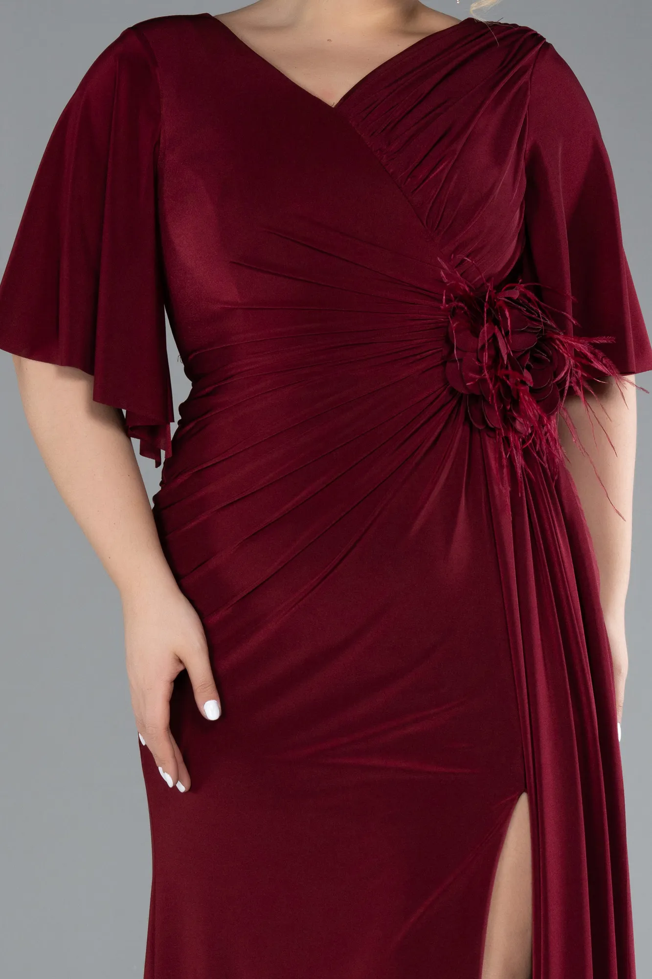 Burgundy-Short Sleeve Slit Plus Size Evening Gown ABU4391