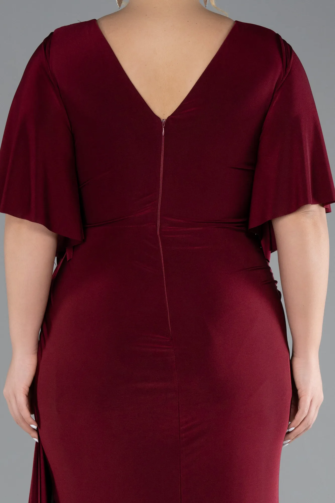 Burgundy-Short Sleeve Slit Plus Size Evening Gown ABU4391