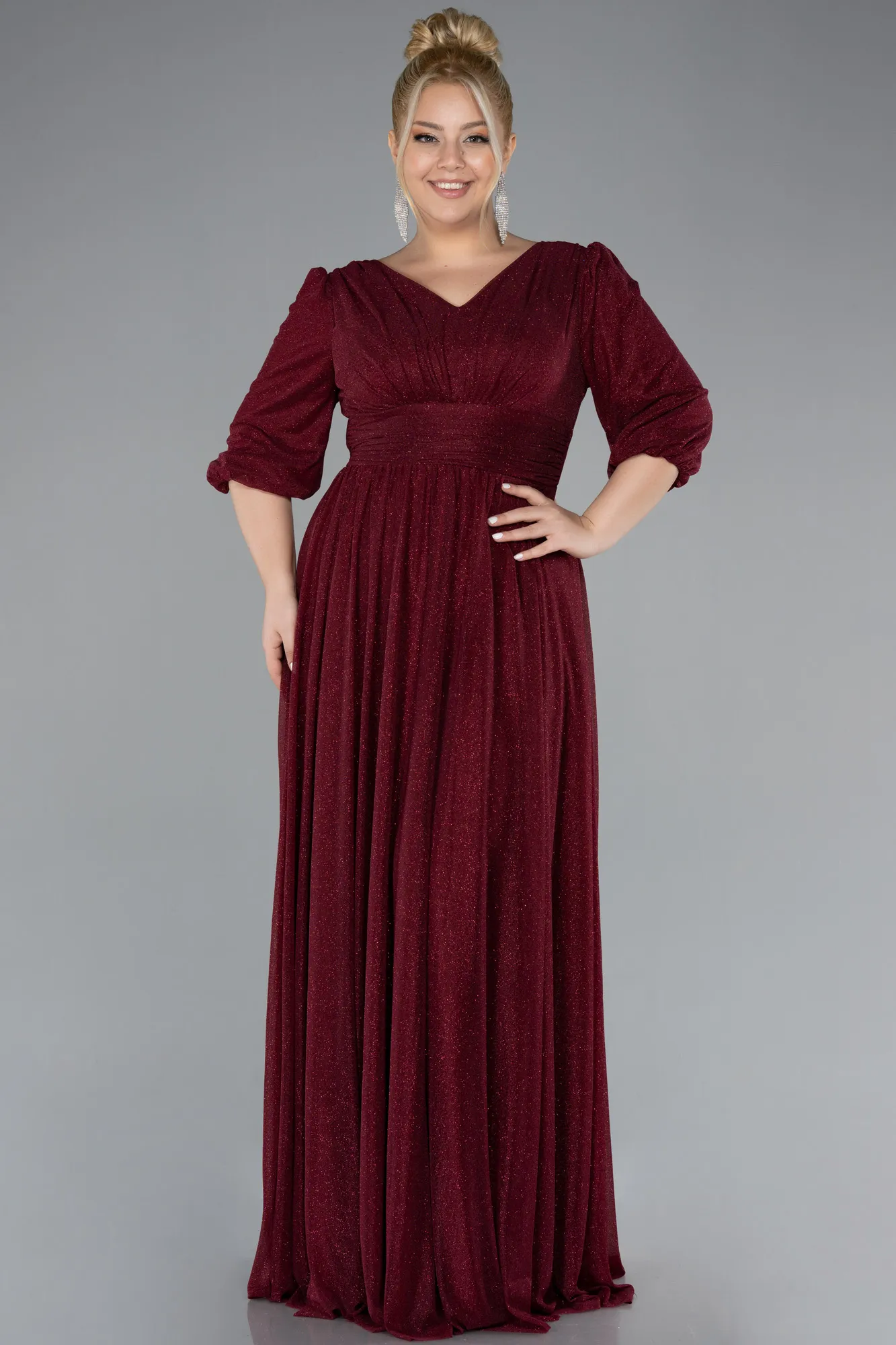 Burgundy-Short Sleeve V-Neck Long Glitter Evening Dress ABU4275