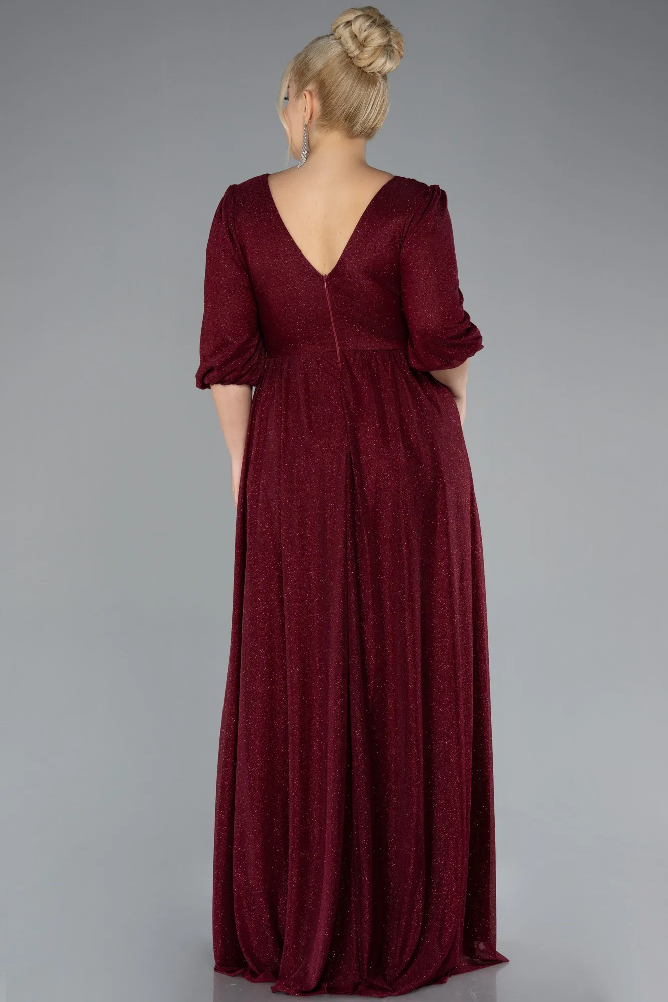 Burgundy-Short Sleeve V-Neck Long Glitter Evening Dress ABU4275