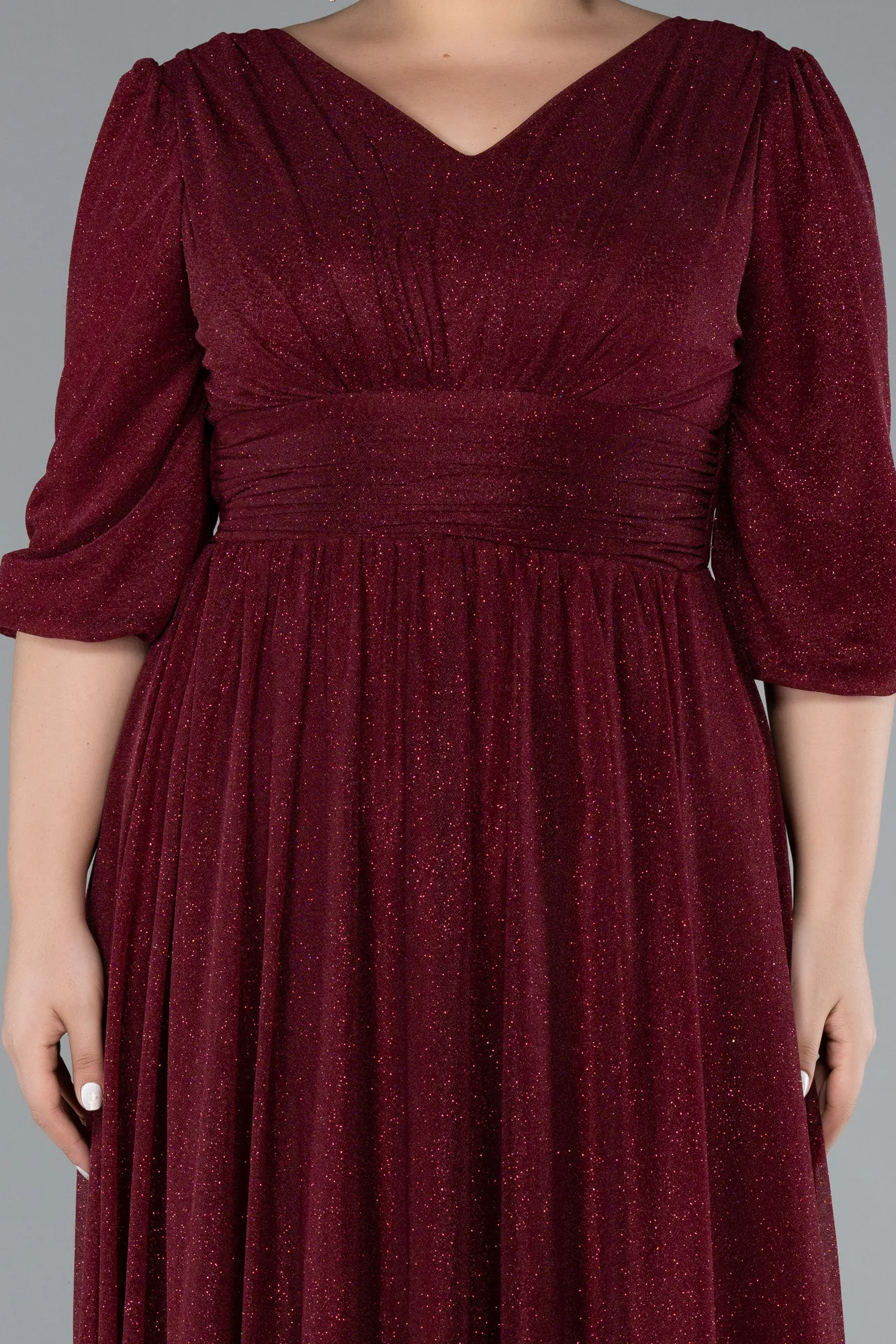 Burgundy-Short Sleeve V-Neck Long Glitter Evening Dress ABU4275