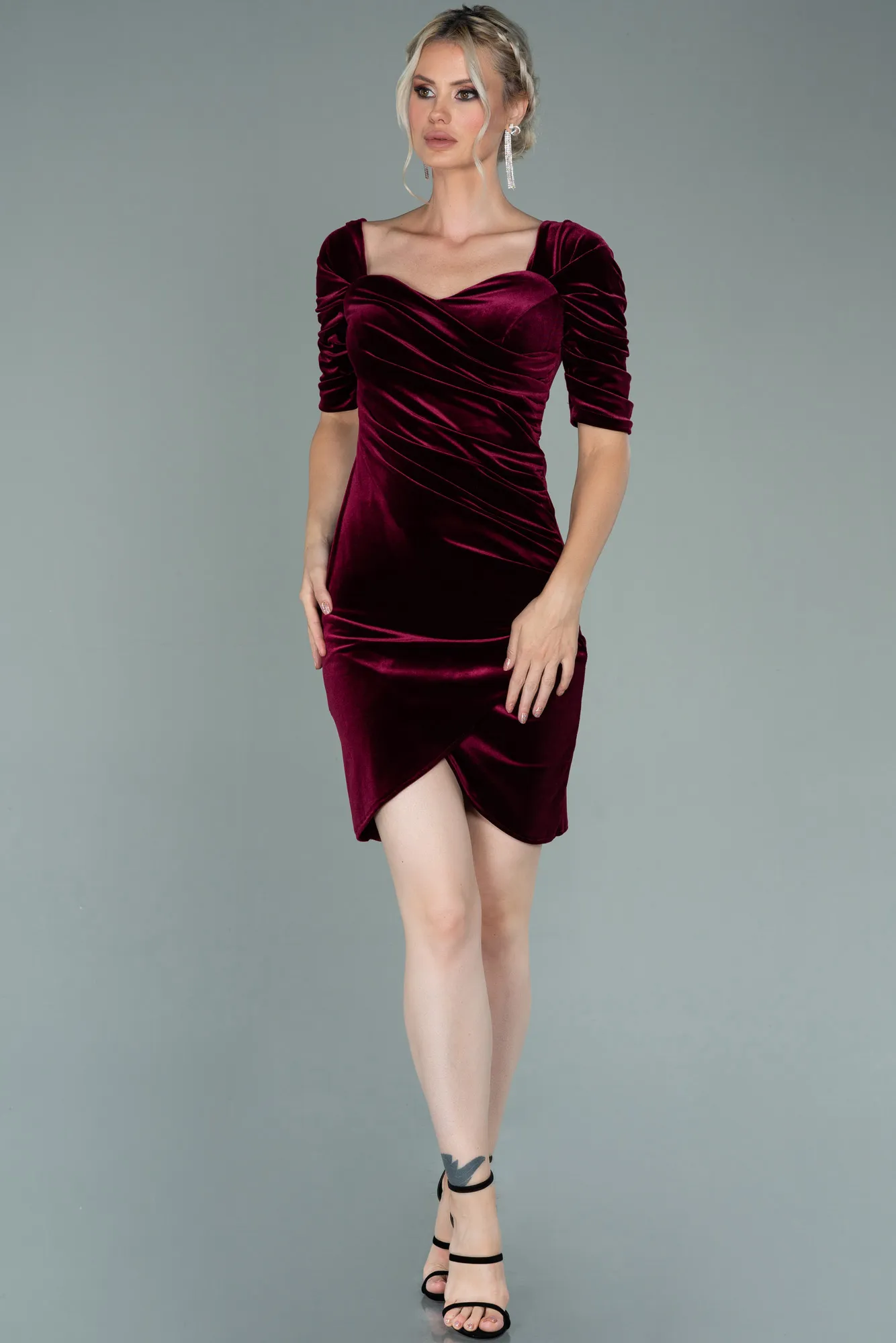 Burgundy-Short Velvet Invitation Dress ABK1140