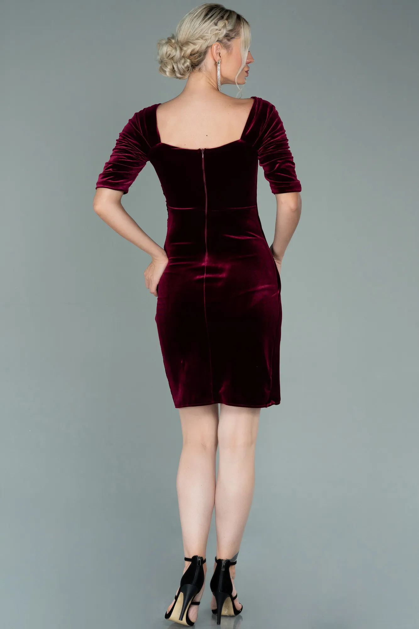 Burgundy-Short Velvet Invitation Dress ABK1140