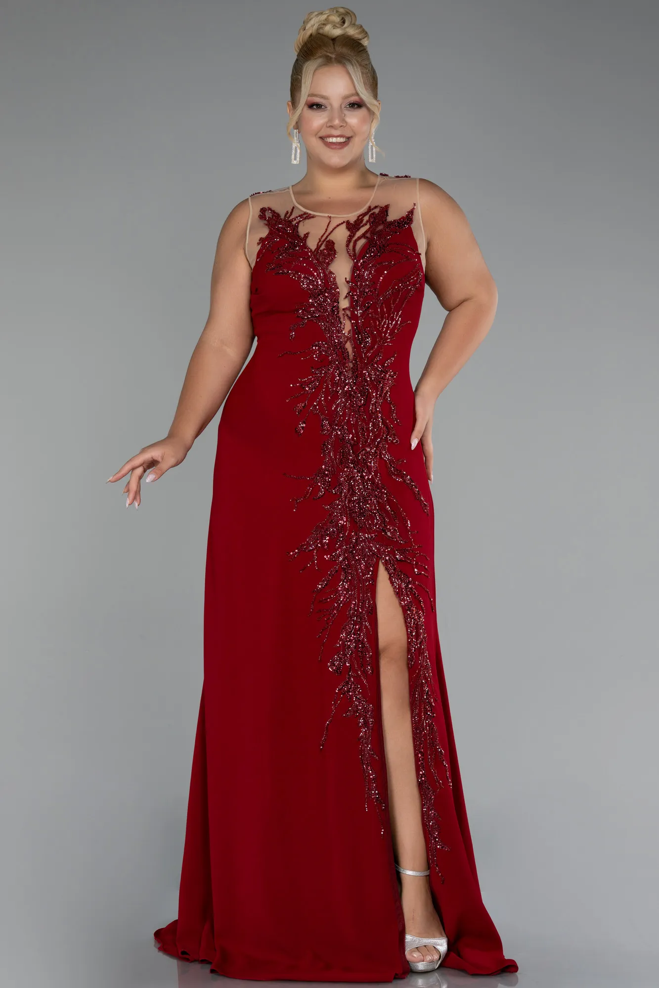 Burgundy-Sleeveless Embroidered Slit Long Plus Size Evening Gown ABU4099