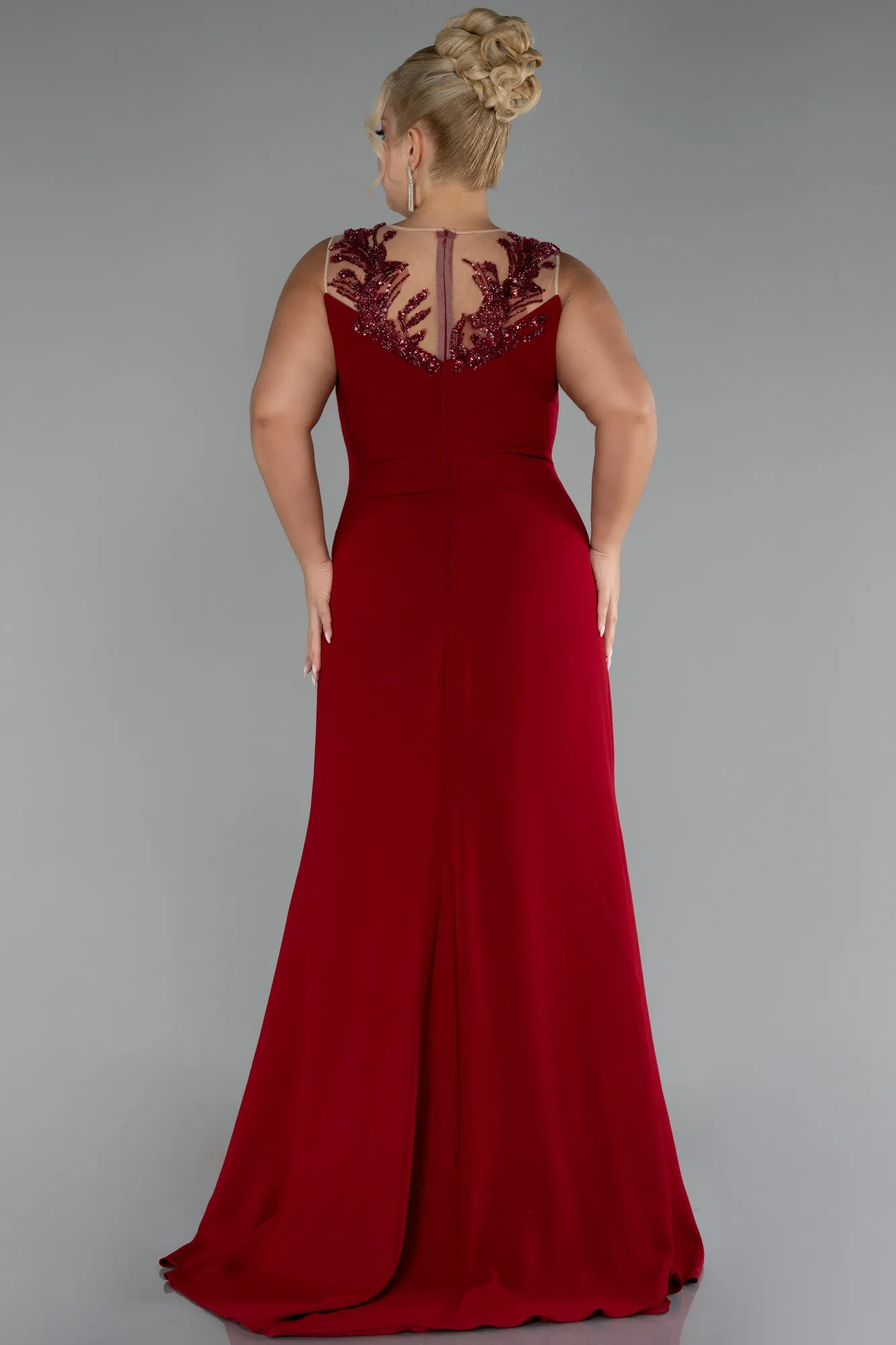 Burgundy-Sleeveless Embroidered Slit Long Plus Size Evening Gown ABU4099