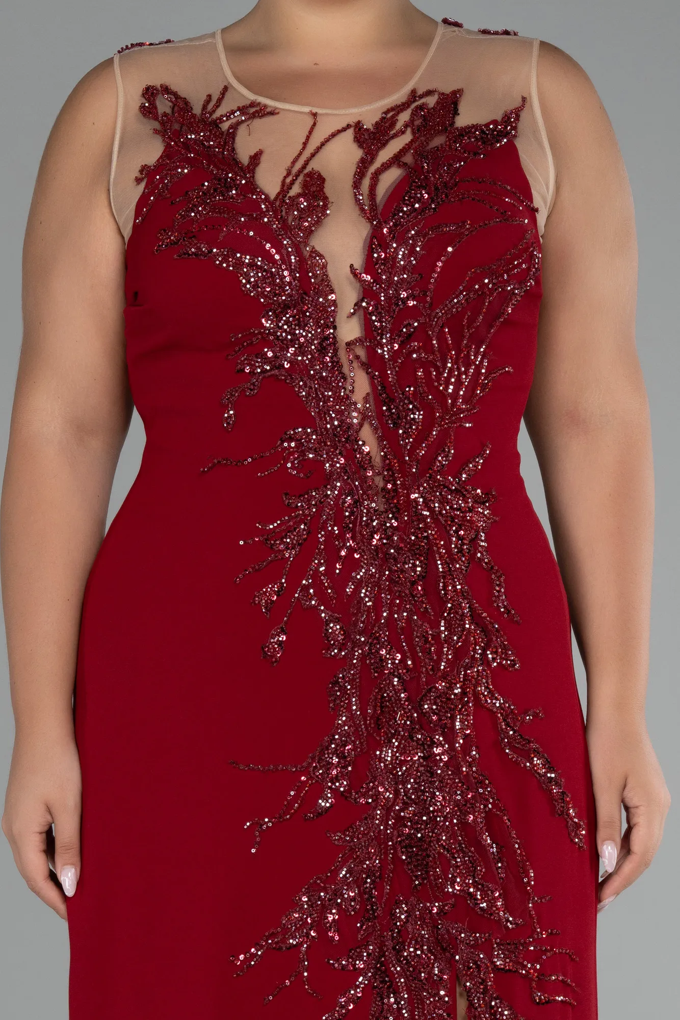 Burgundy-Sleeveless Embroidered Slit Long Plus Size Evening Gown ABU4099