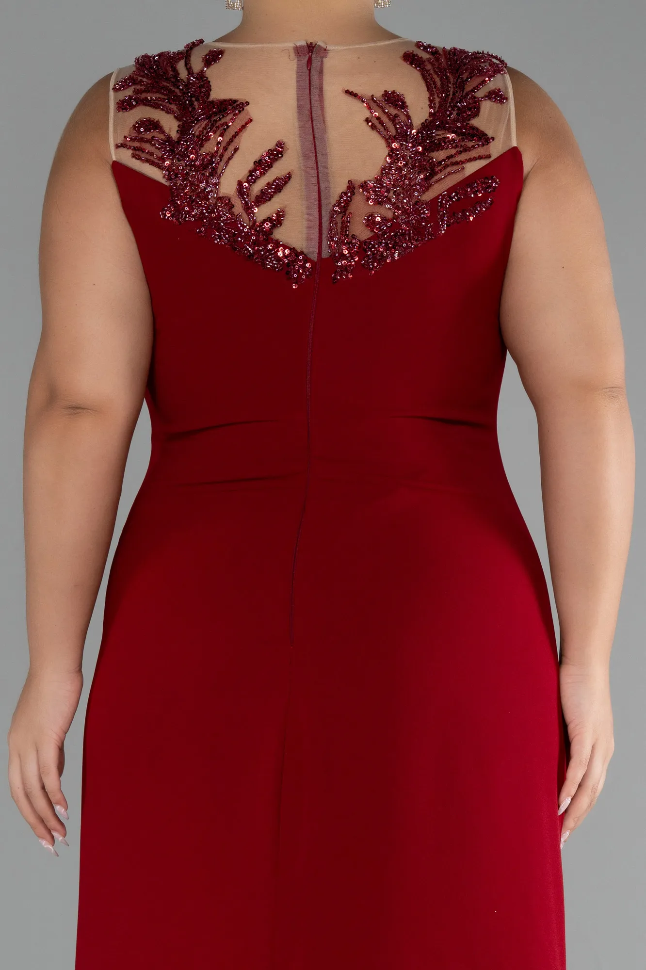 Burgundy-Sleeveless Embroidered Slit Long Plus Size Evening Gown ABU4099