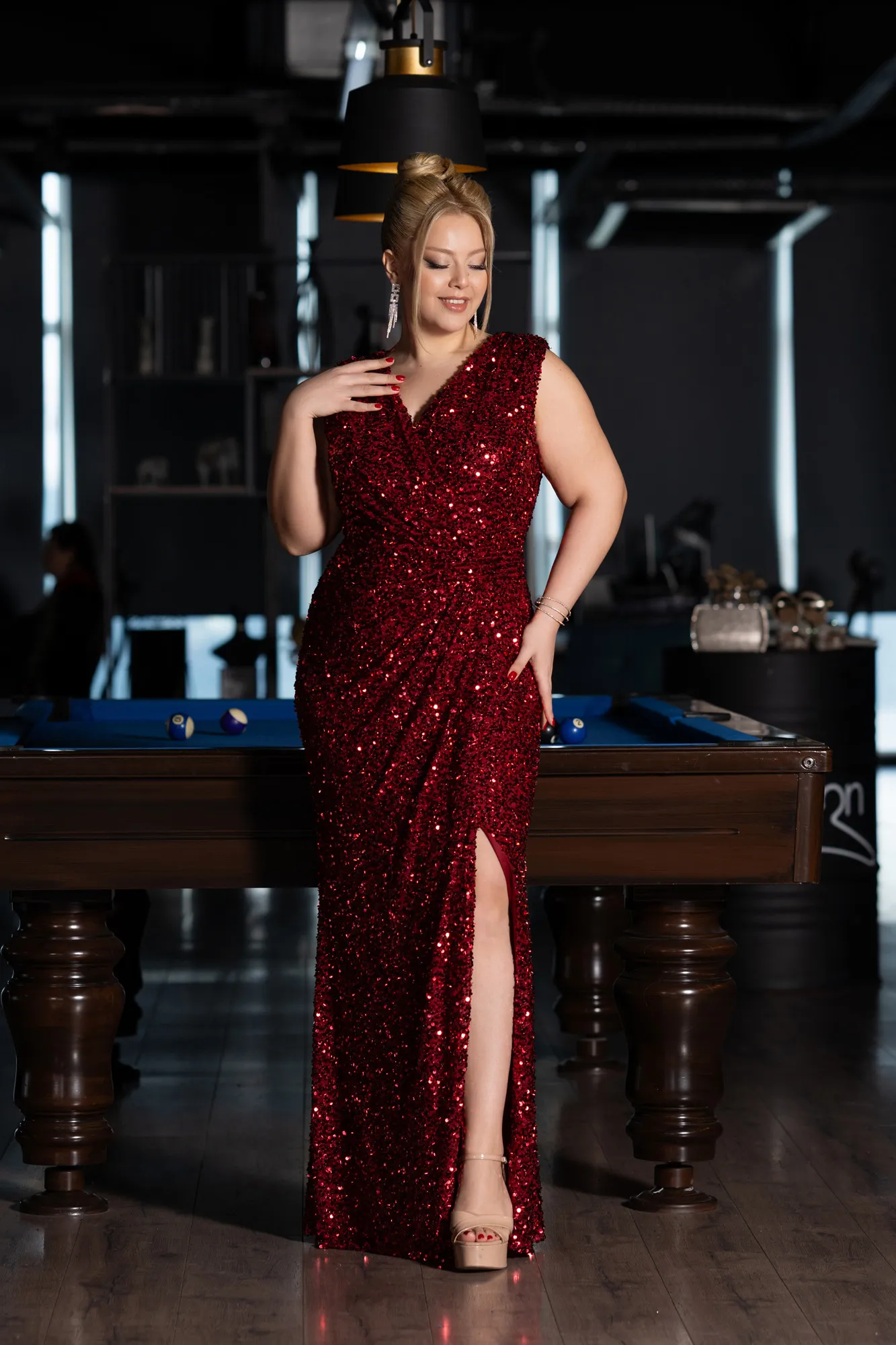 Burgundy-Sleeveless Slit Long Sequined Plus Size Evening Dress ABU4401