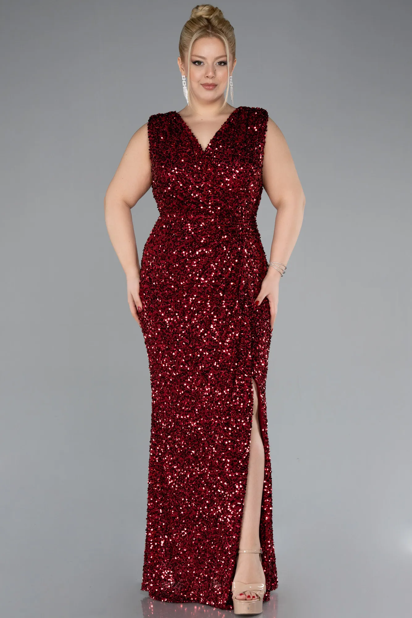 Burgundy-Sleeveless Slit Long Sequined Plus Size Evening Dress ABU4401