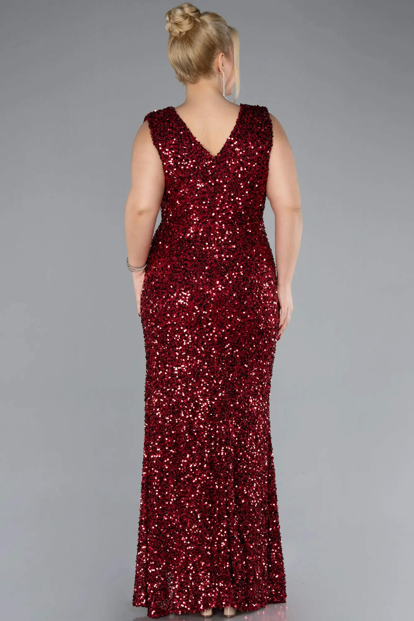 Burgundy-Sleeveless Slit Long Sequined Plus Size Evening Dress ABU4401