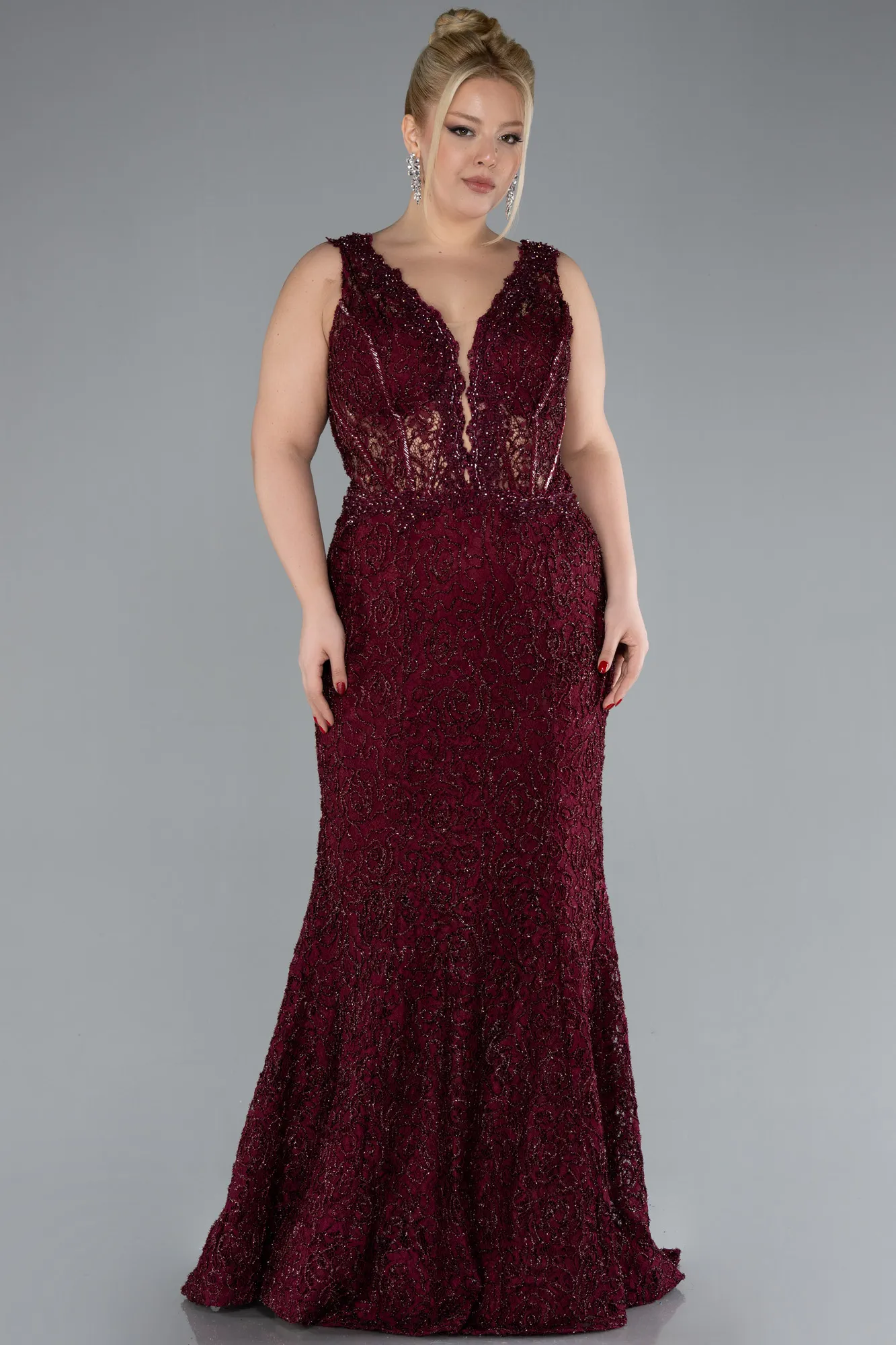 Burgundy-Sleeveless Underwire Corset Lace Long Plus Size Evening Gown ABU4504