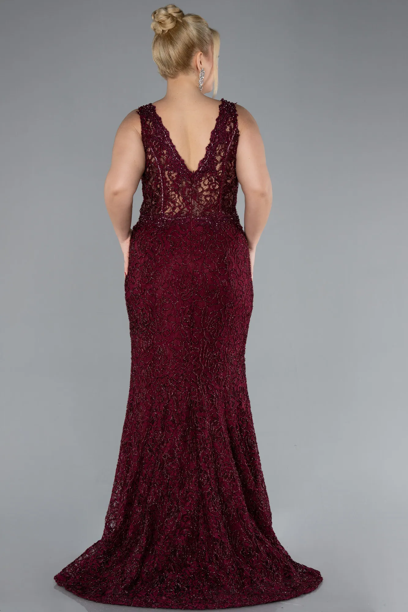 Burgundy-Sleeveless Underwire Corset Lace Long Plus Size Evening Gown ABU4504