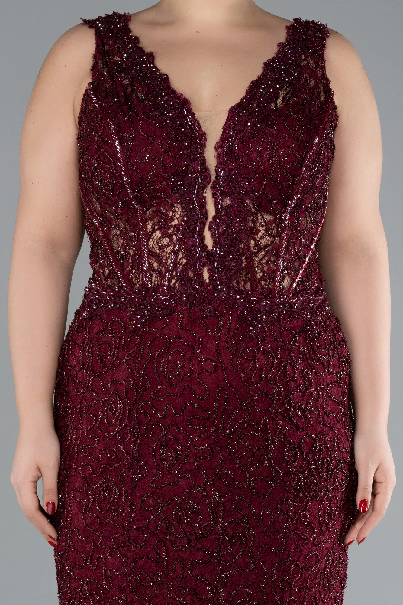 Burgundy-Sleeveless Underwire Corset Lace Long Plus Size Evening Gown ABU4504