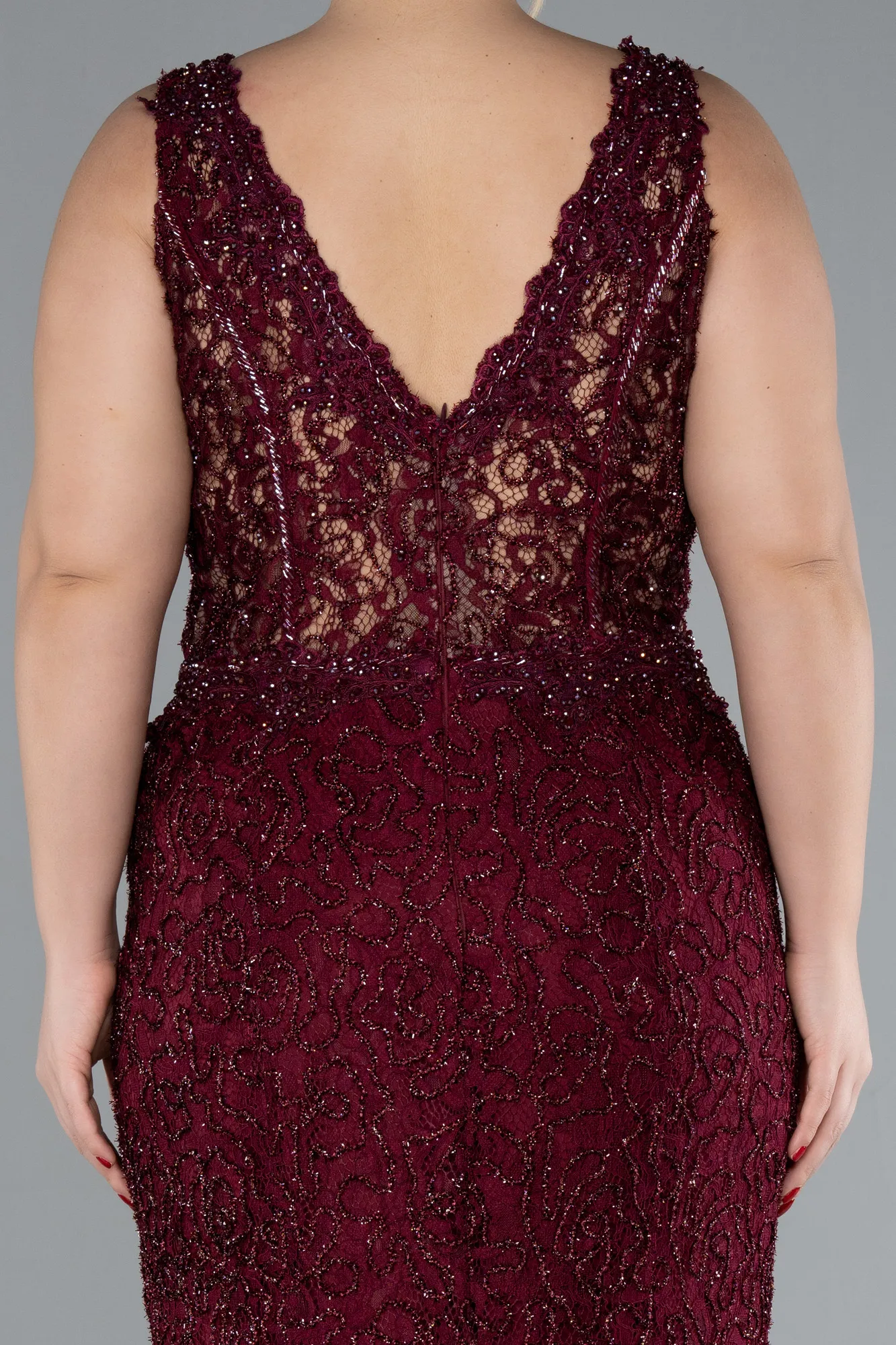 Burgundy-Sleeveless Underwire Corset Lace Long Plus Size Evening Gown ABU4504