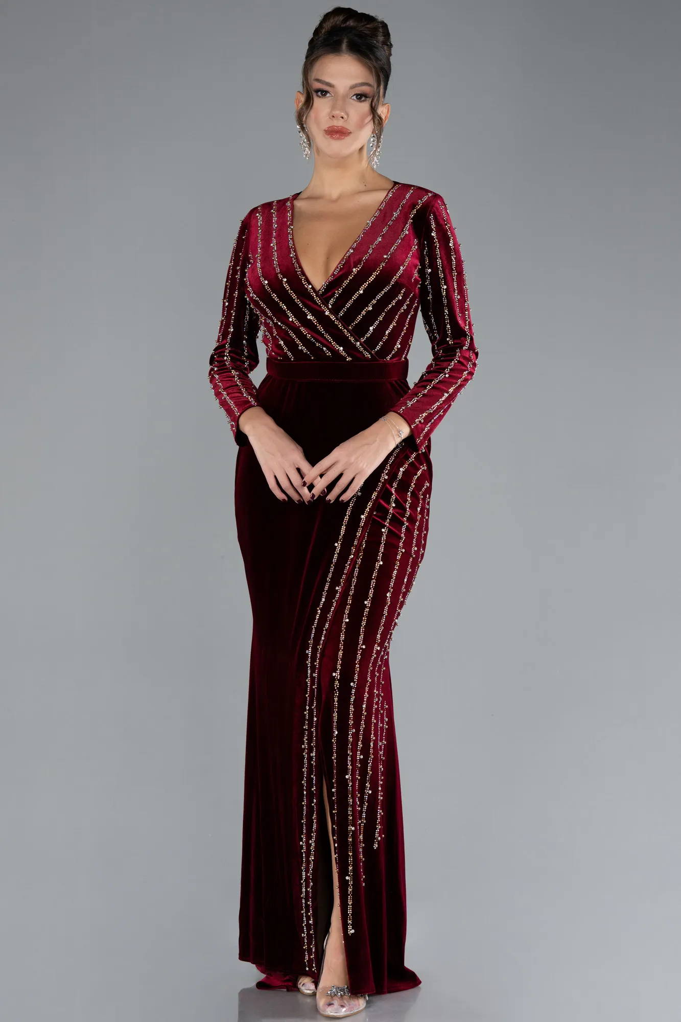 Burgundy-Stoned Long Sleeve Velvet Evening Dress ABU4282