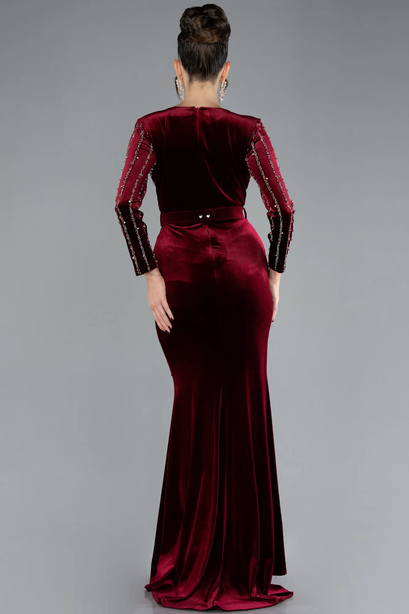 Burgundy-Stoned Long Sleeve Velvet Evening Dress ABU4282