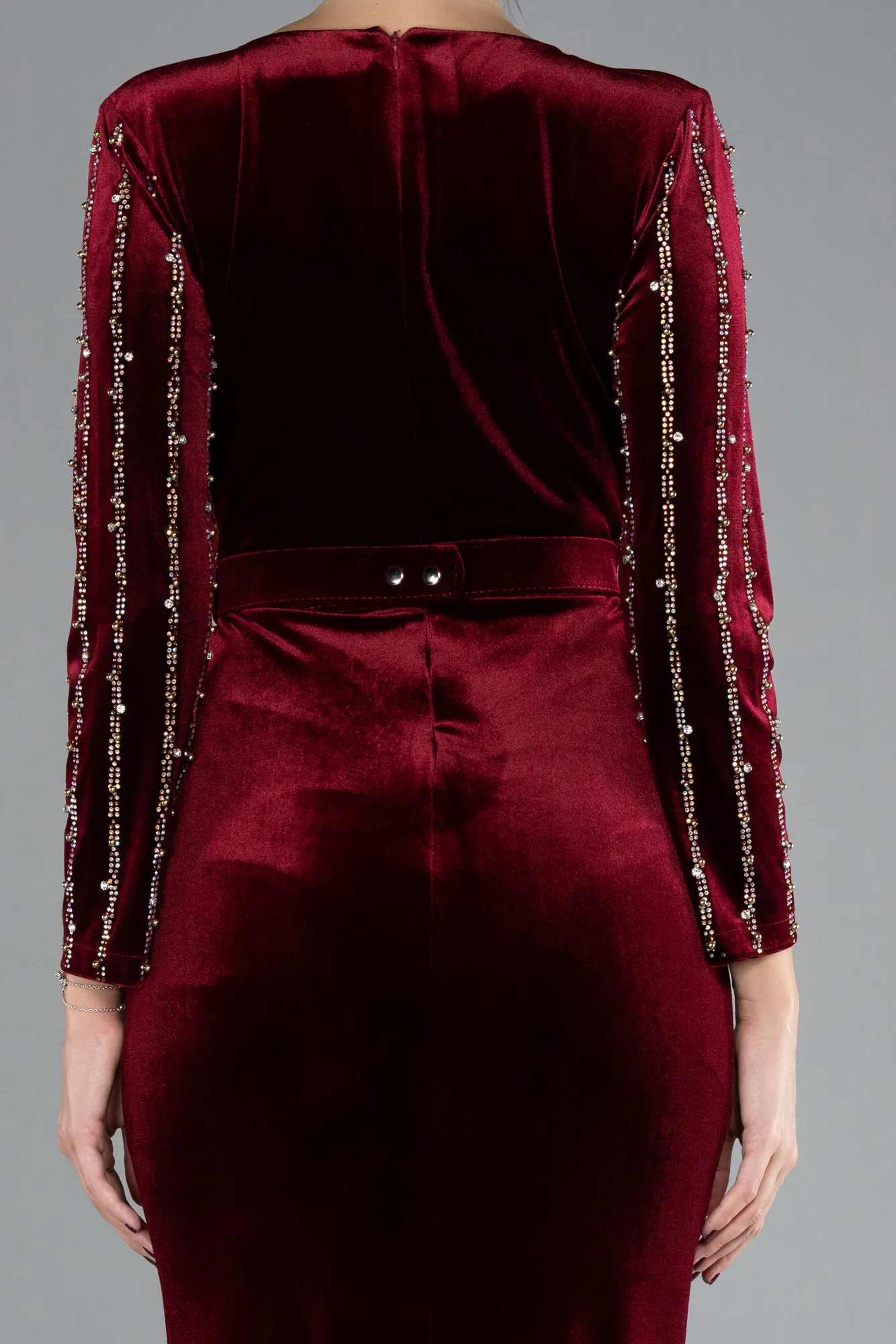 Burgundy-Stoned Long Sleeve Velvet Evening Dress ABU4282